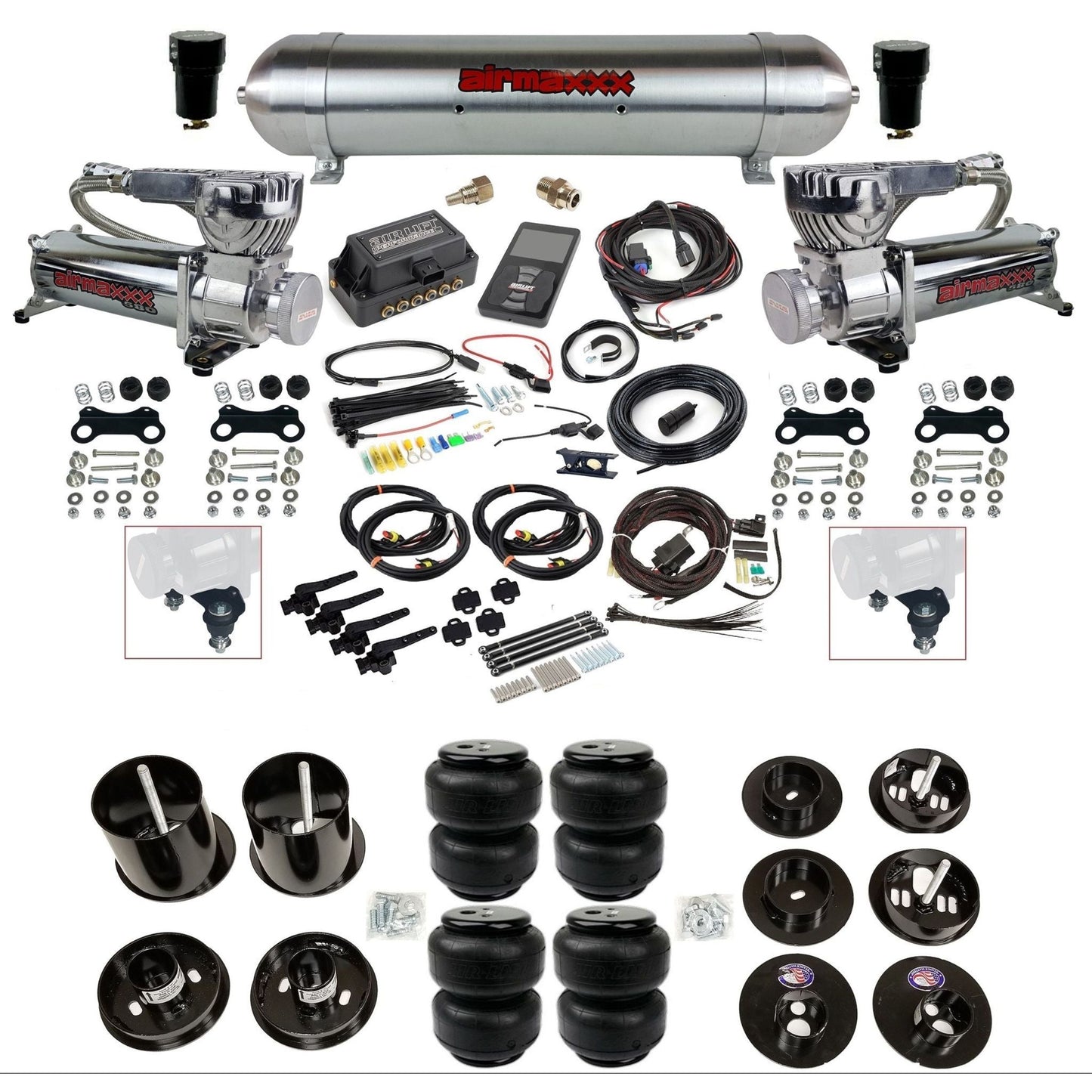 air lift 3h 27695 dual 580 chrome compressors raw aluminum tank airlift bags & airmaxxx brackets air ride kit for 1965-70 cadillac KCAD65-580C2-57ARW-27695-WK-3P2D25