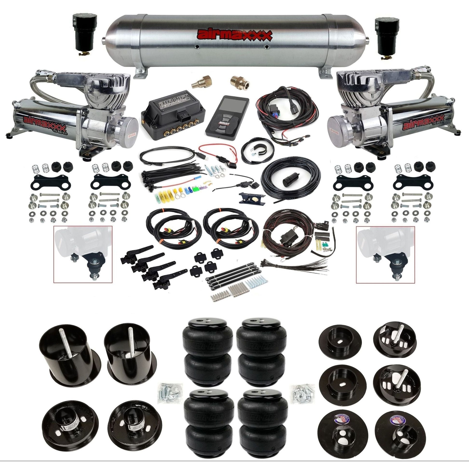air lift 3h 27695 dual 580 chrome compressors raw aluminum tank airlift bags & airmaxxx brackets air ride kit for 1965-70 cadillac KCAD65-580C2-57ARW-27695-WK-3P2D25