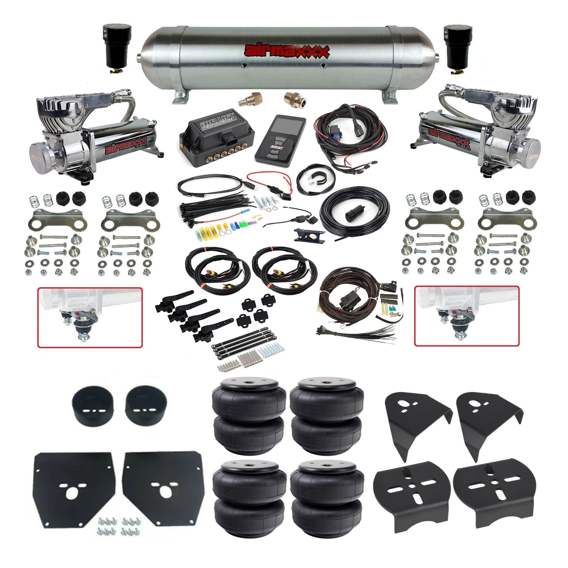 air lift 3h 27695 dual 580 chrome compressors raw aluminum tank airlift bags & airmaxxx brackets air ride kit for 1973-87 chevy c10 KC1073-580C2-57ARAW-27695-WK-3P2D26