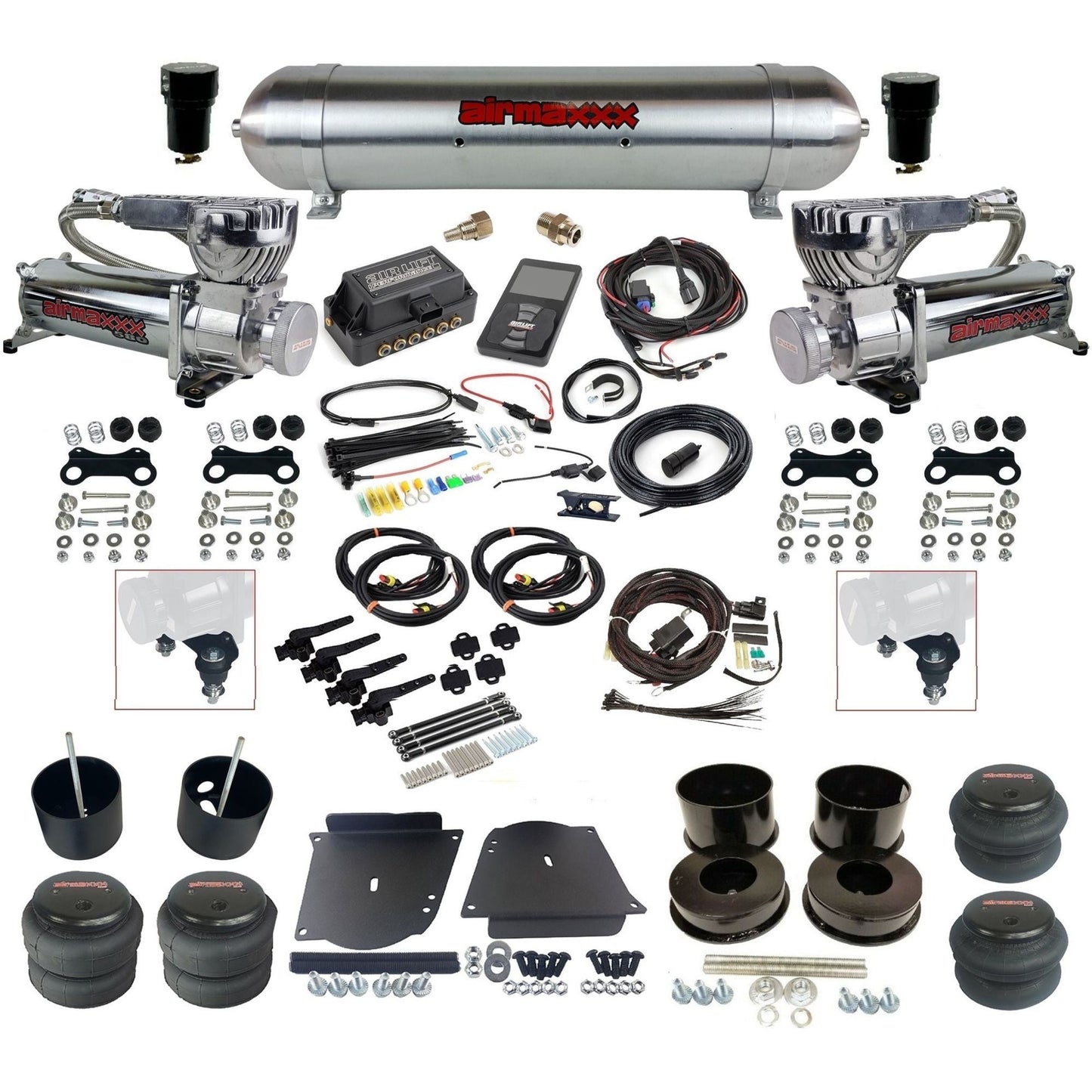 air lift 3h 27695 dual 580 chrome compressors raw aluminum tank bags & airmaxxx brackets air ride kit fits 1964-72 gm a-body KABDY-580C2-57ARW-27695-WK-3P2