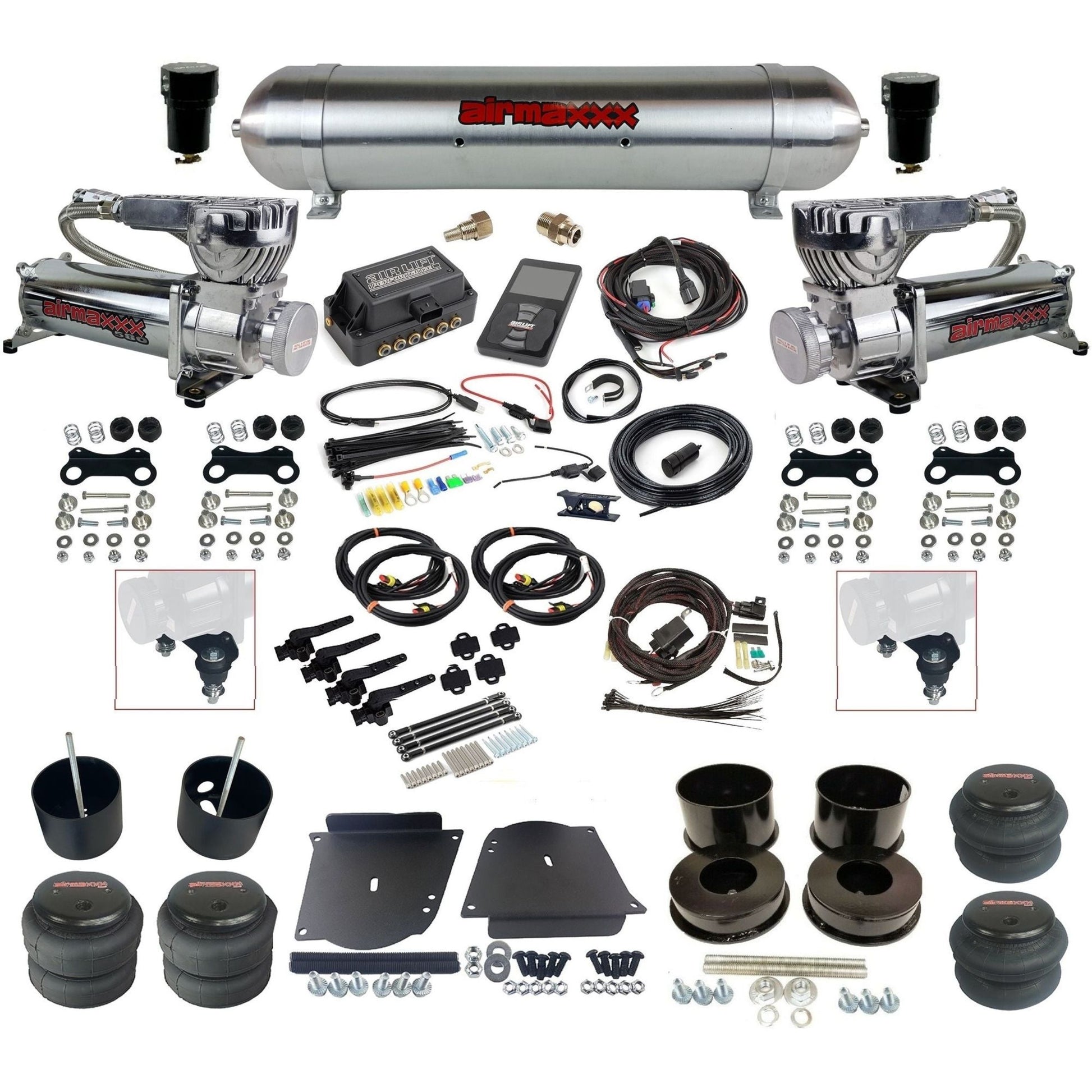 air lift 3h 27695 dual 580 chrome compressors raw aluminum tank bags & airmaxxx brackets air ride kit fits 1964-72 gm a-body KABDY-580C2-57ARW-27695-WK-3P2