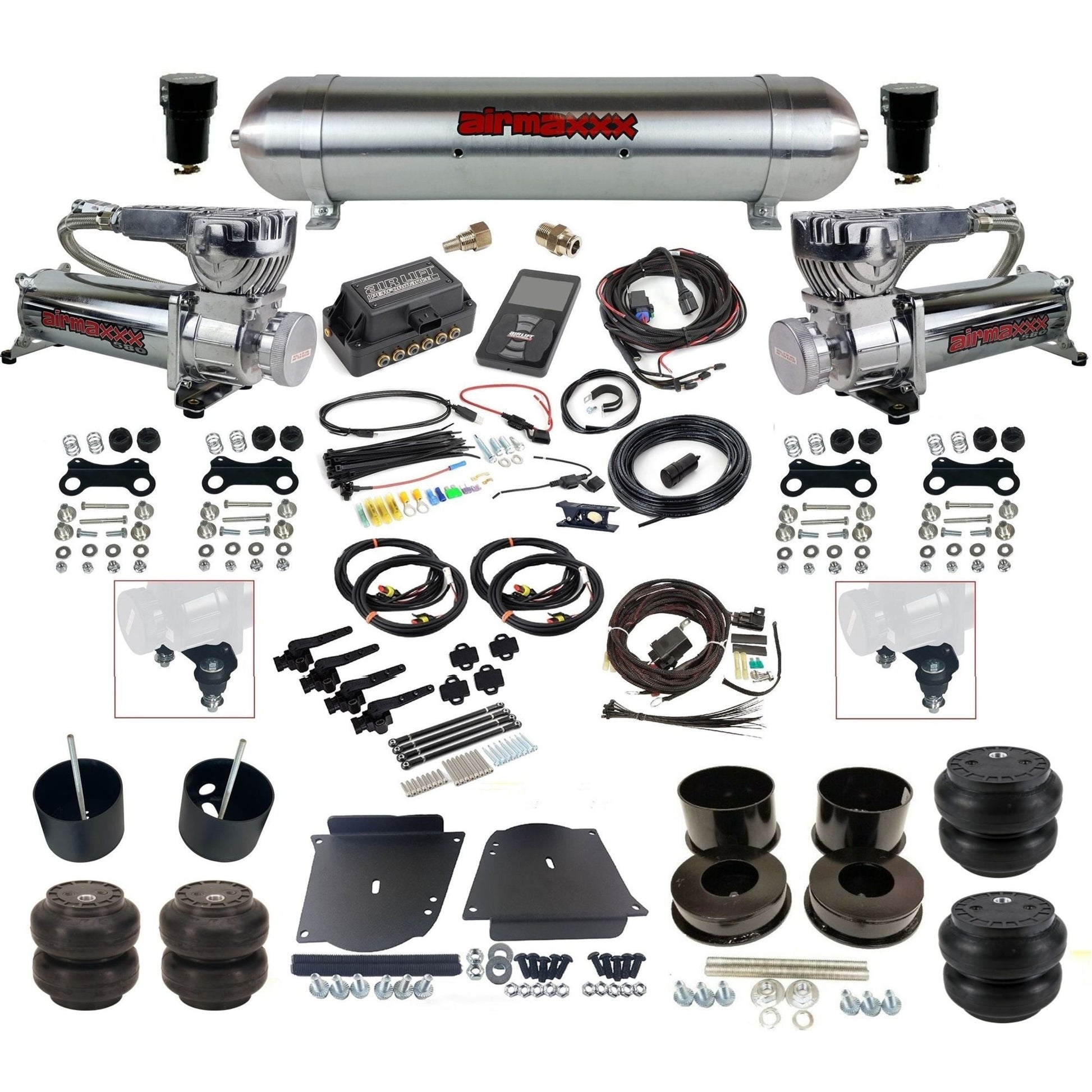 air lift 3h 27695 dual 580 chrome compressors raw aluminum tank slam bags & airmaxxx brackets air ride kit fits 1964-72 gm a-body KABDY-580C2-57ARW-27695-WK-3P2SS6SS7