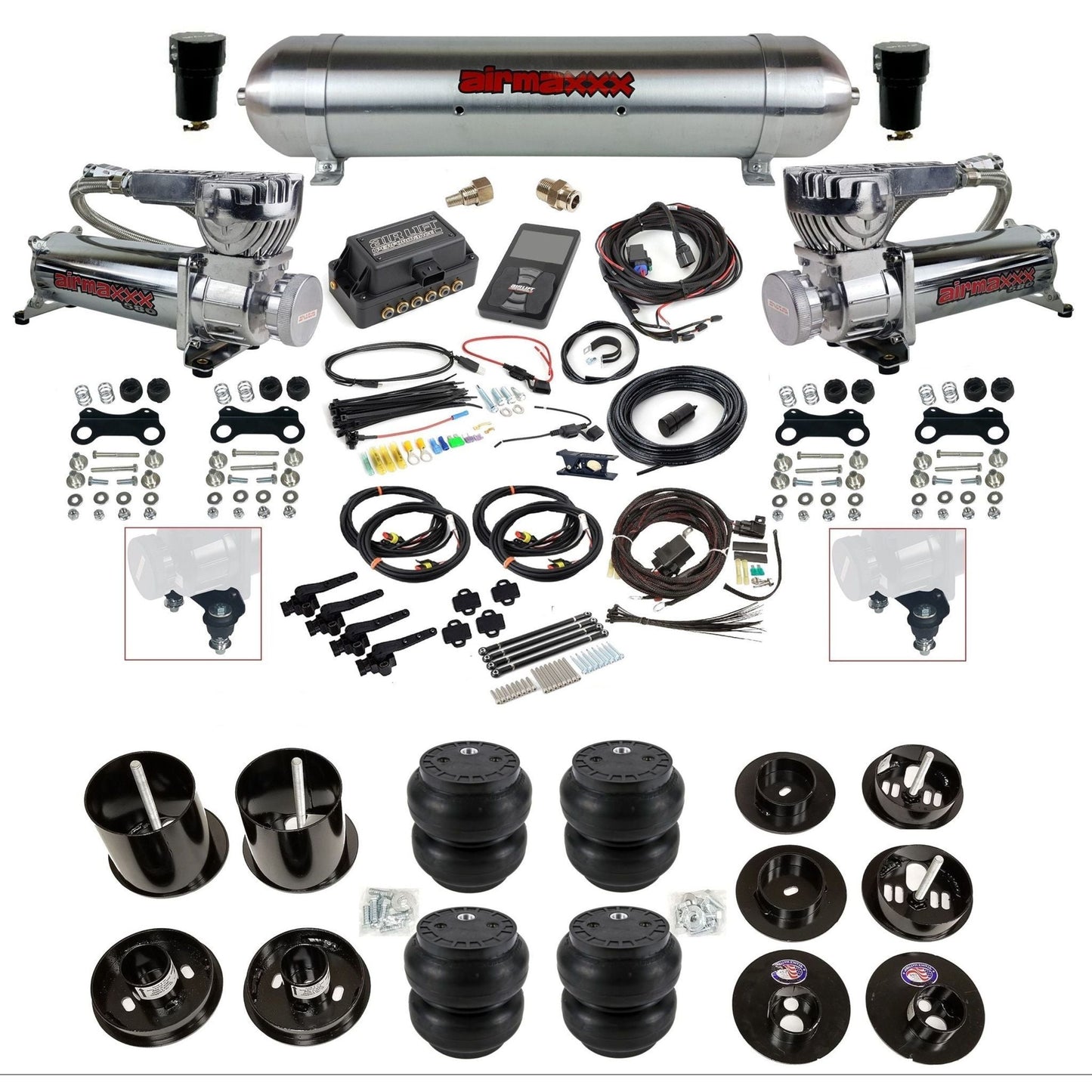 air lift 3h 27695 dual 580 chrome compressors raw aluminum tank slam bags & airmaxxx brackets air ride kit for 1965-70 cadillac KCAD65-580C2-57ARW-27695-WK-3P2SS7