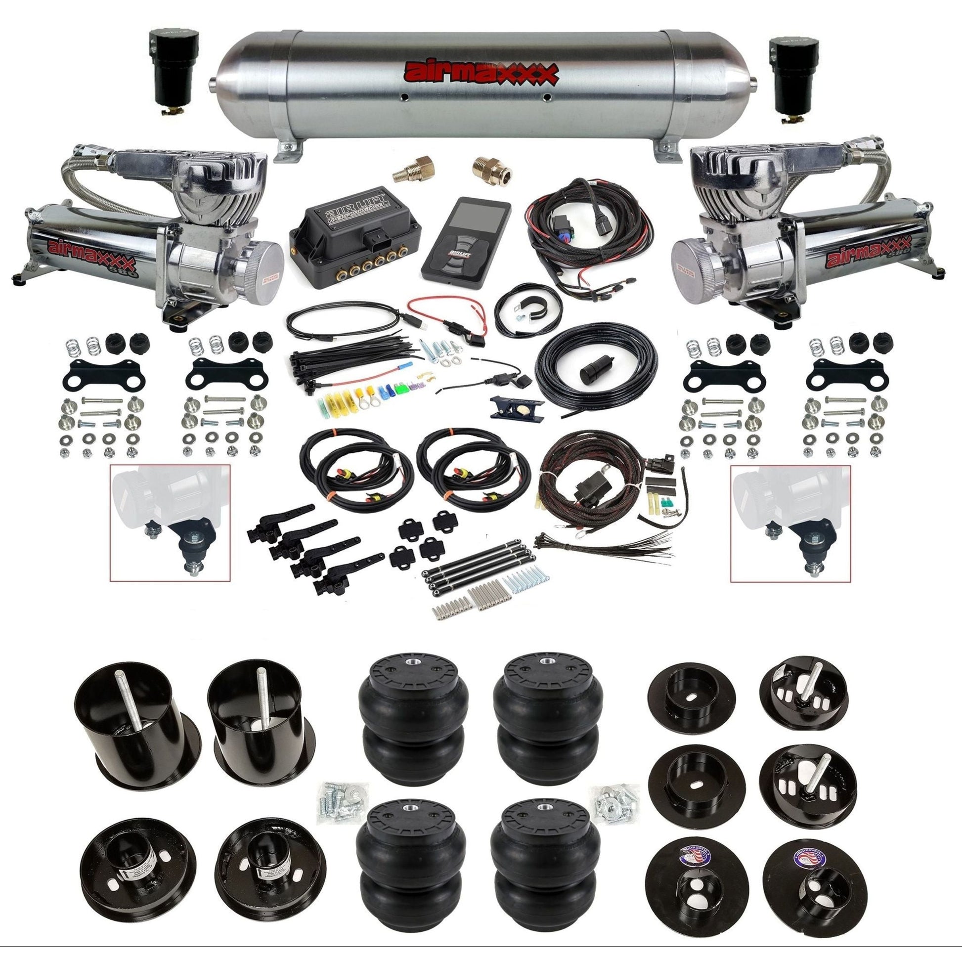 air lift 3h 27695 dual 580 chrome compressors raw aluminum tank slam bags & airmaxxx brackets air ride kit for 1965-70 cadillac KCAD65-580C2-57ARW-27695-WK-3P2SS7