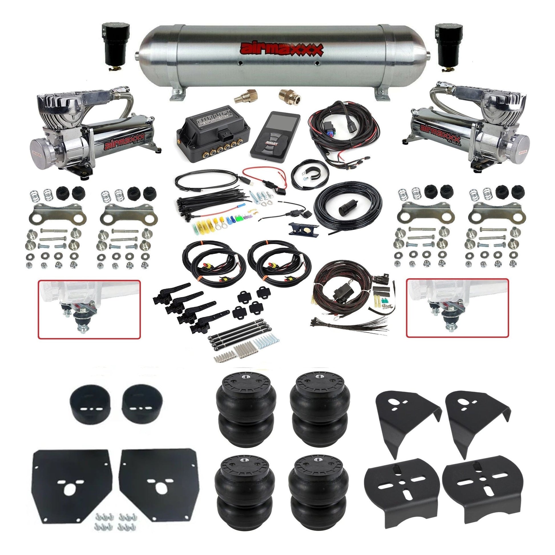 air lift 3h 27695 dual 580 chrome compressors raw aluminum tank slam bags & airmaxxx brackets air ride kit for 1973-87 chevy c10 KC1073-580C2-57ARAW-27695-WK-3P2SS7