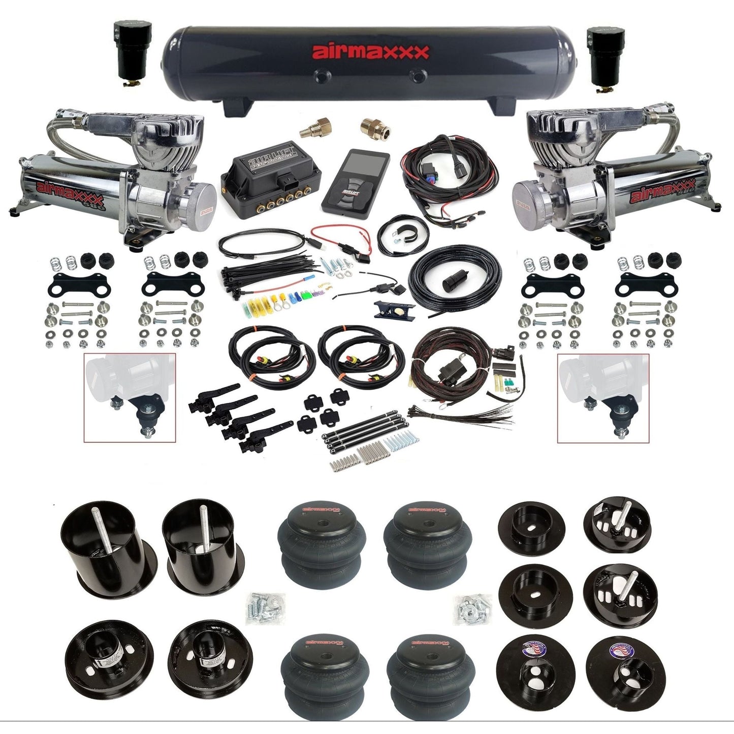 air lift 3h 27695 dual 580 chrome compressors steel tank 2600 bags & airmaxxx brackets air ride kit for 1965-70 cadillac KCAD65-580C2-57S-27695-WK-3P2