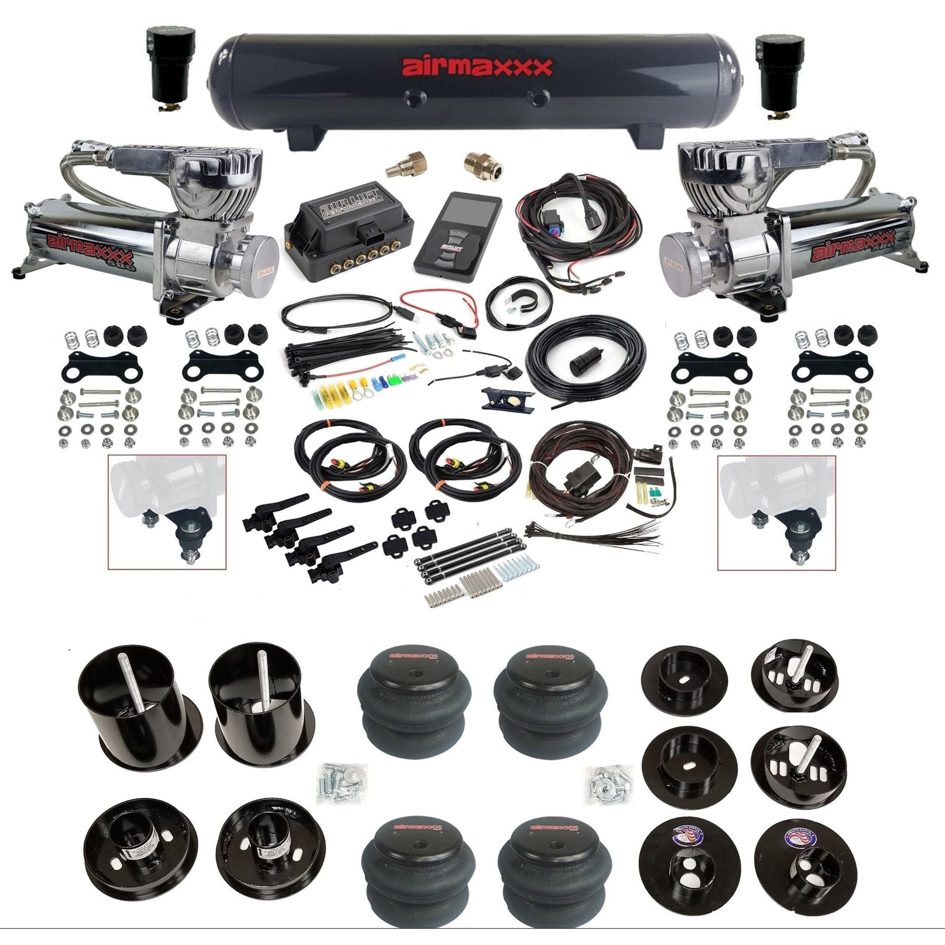 air lift 3h 27695 dual 580 chrome compressors steel tank 2600 bags & airmaxxx brackets air ride kit for 1965-70 cadillac KCAD65-580C2-57S-27695-WK-3P2