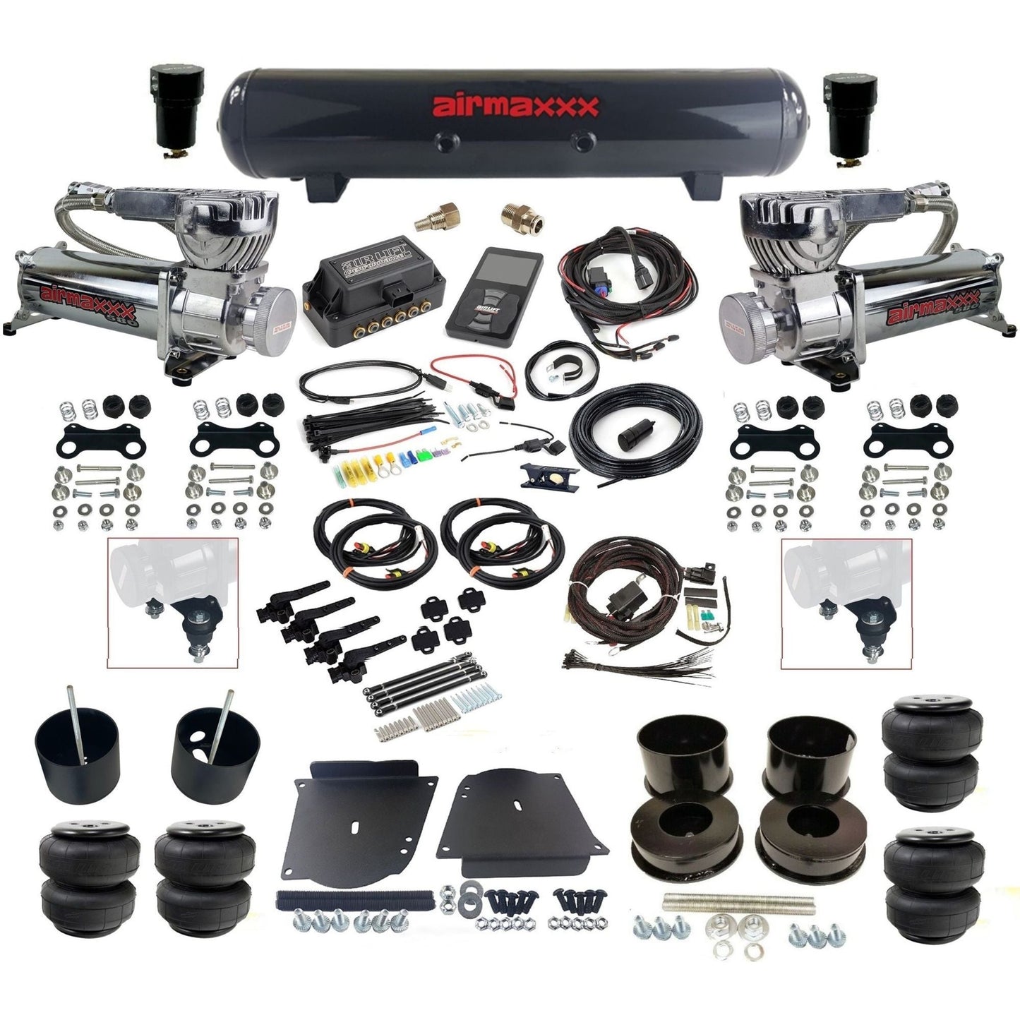air lift 3h 27695 dual 580 chrome compressors steel tank airlift bags & airmaxxx brackets air ride kit for 1964-72 gm a-body KABDY-580C2-57S-27695-WK-3P2D25