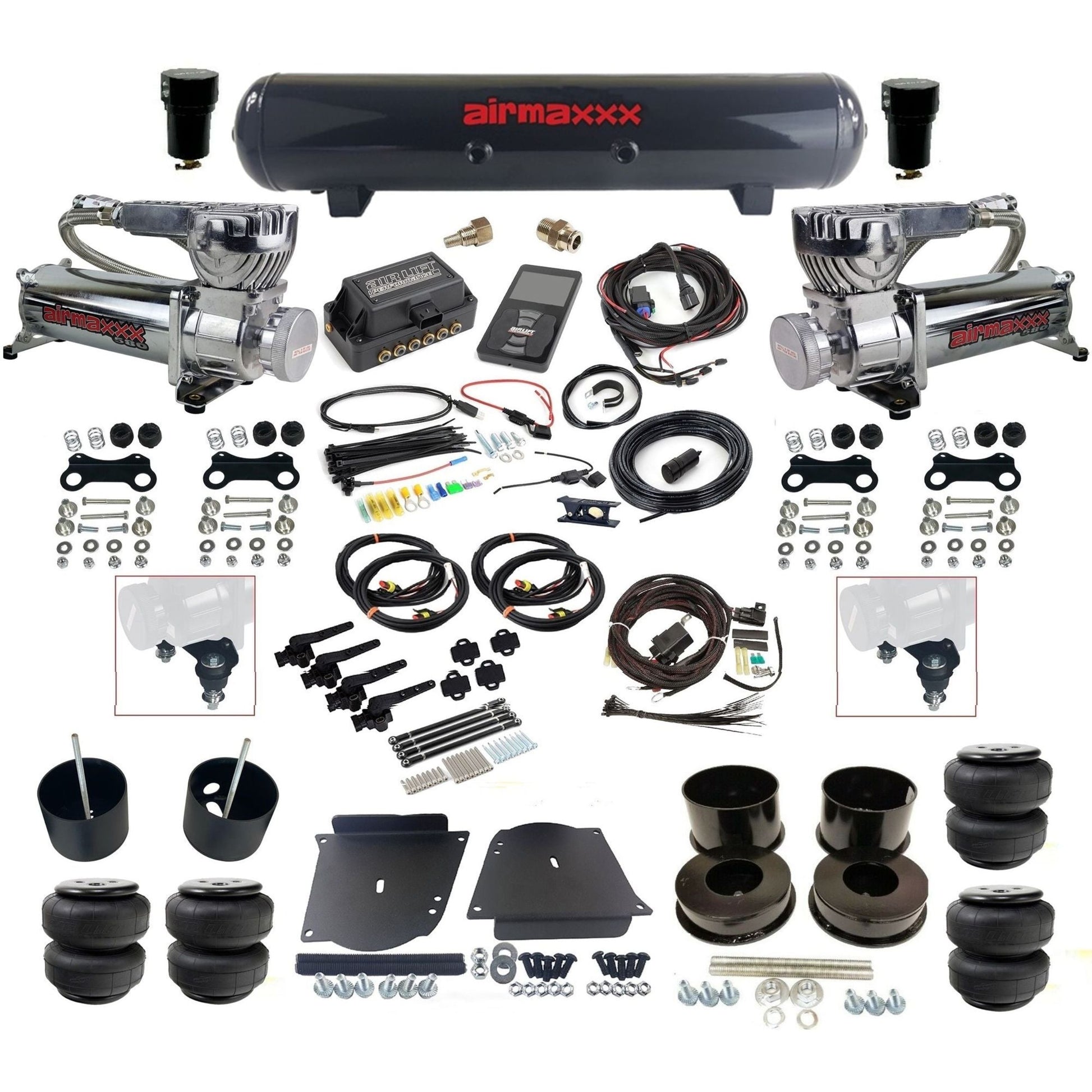 air lift 3h 27695 dual 580 chrome compressors steel tank airlift bags & airmaxxx brackets air ride kit for 1964-72 gm a-body KABDY-580C2-57S-27695-WK-3P2D25