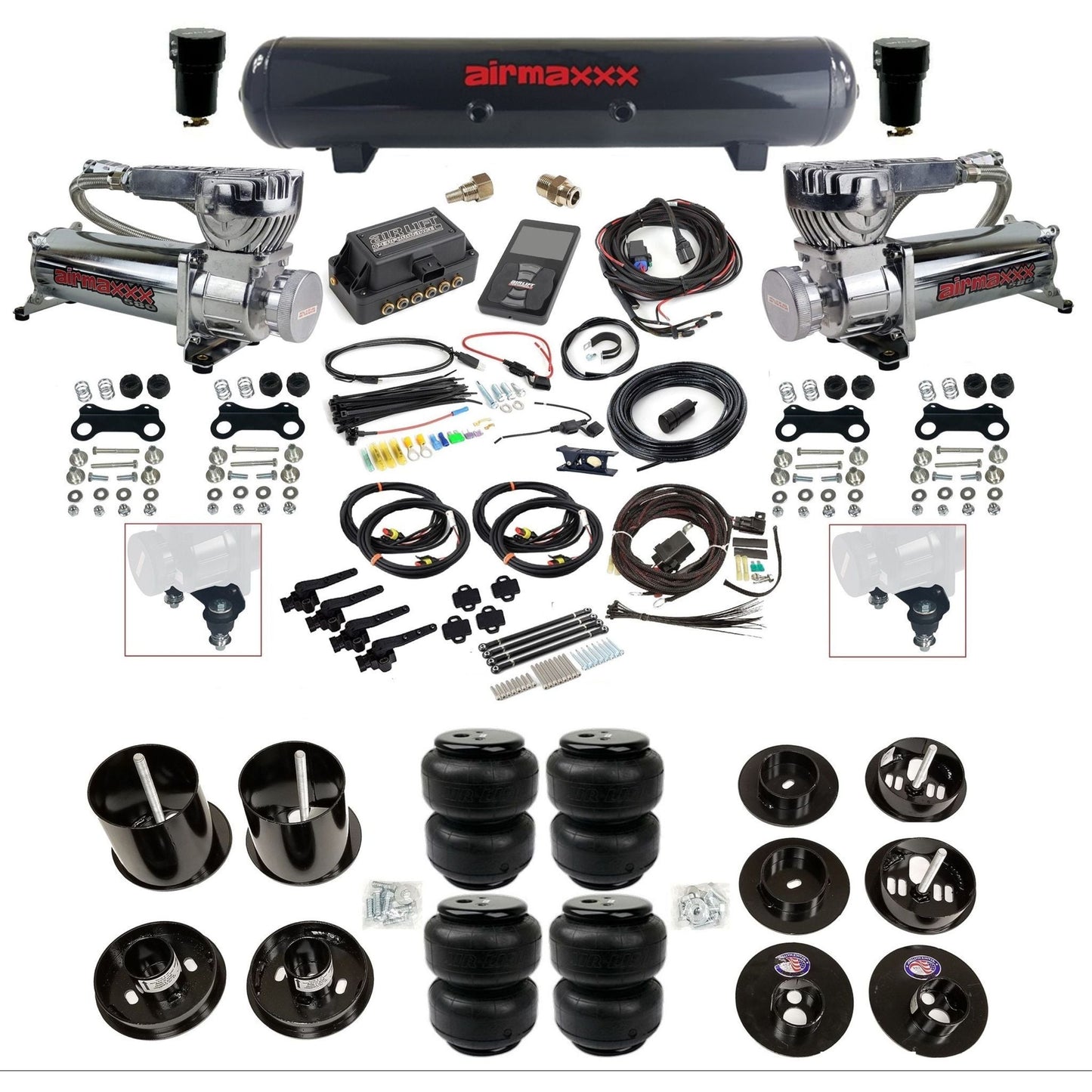 air lift 3h 27695 dual 580 chrome compressors steel tank airlift bags & airmaxxx brackets air ride kit for 1965-70 cadillac KCAD65-580C2-57S-27695-WK-3P2D25