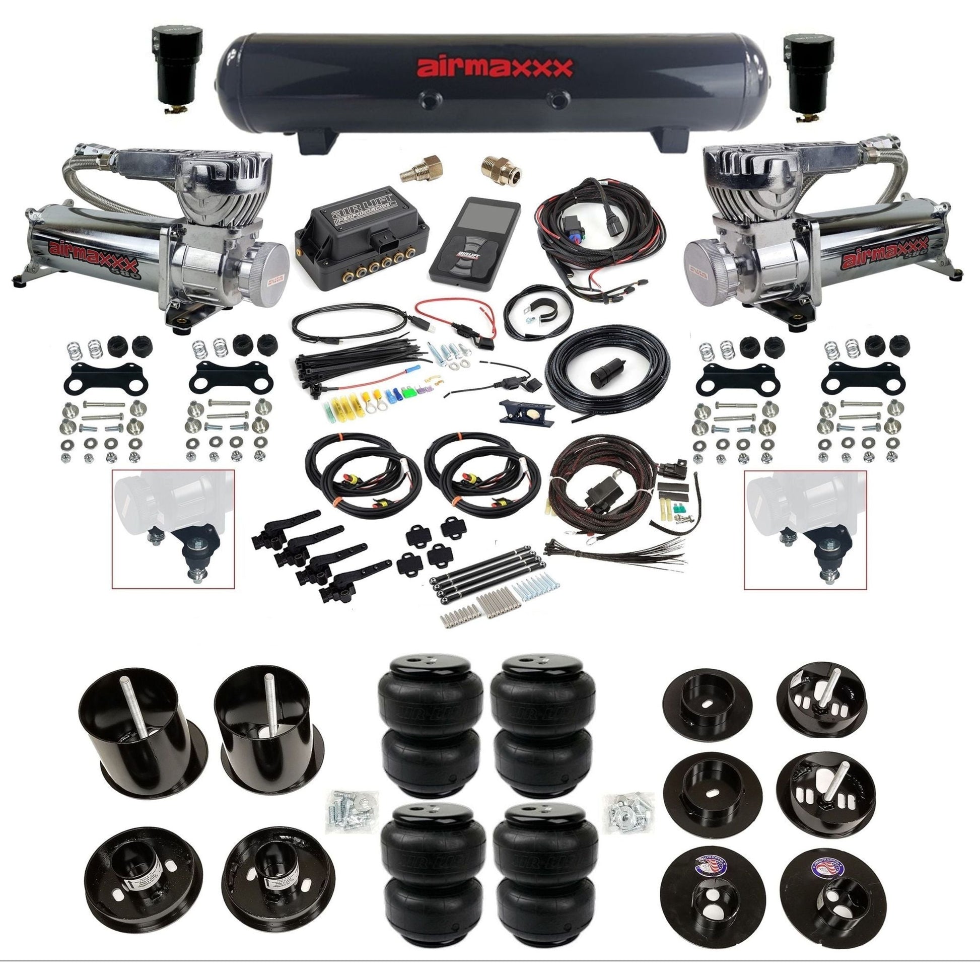 air lift 3h 27695 dual 580 chrome compressors steel tank airlift bags & airmaxxx brackets air ride kit for 1965-70 cadillac KCAD65-580C2-57S-27695-WK-3P2D25