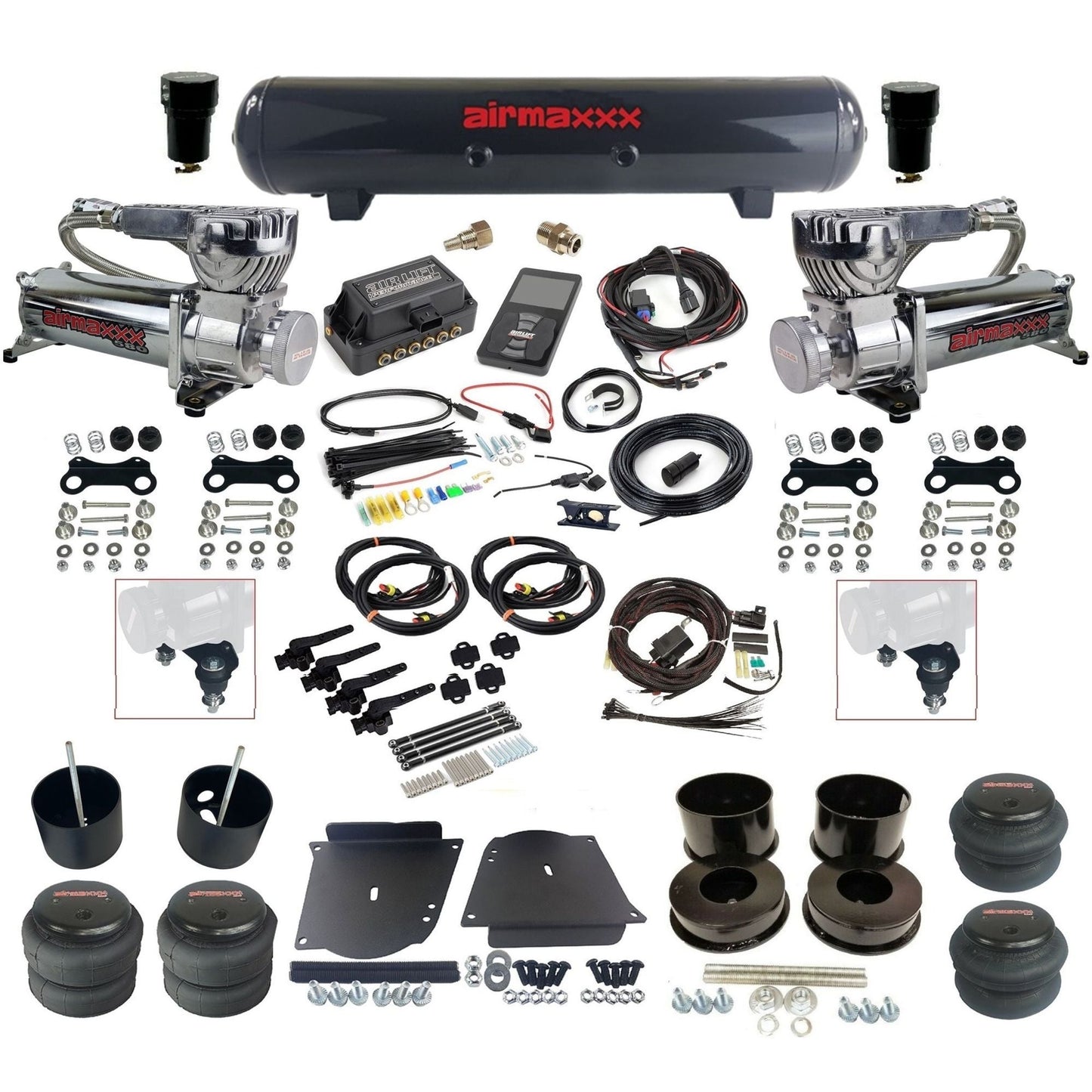 air lift 3h 27695 dual 580 chrome compressors steel tank bags & airmaxxx brackets air ride kit for 1964-72 gm a-body KABDY-580C2-57S-27695-WK-3P2