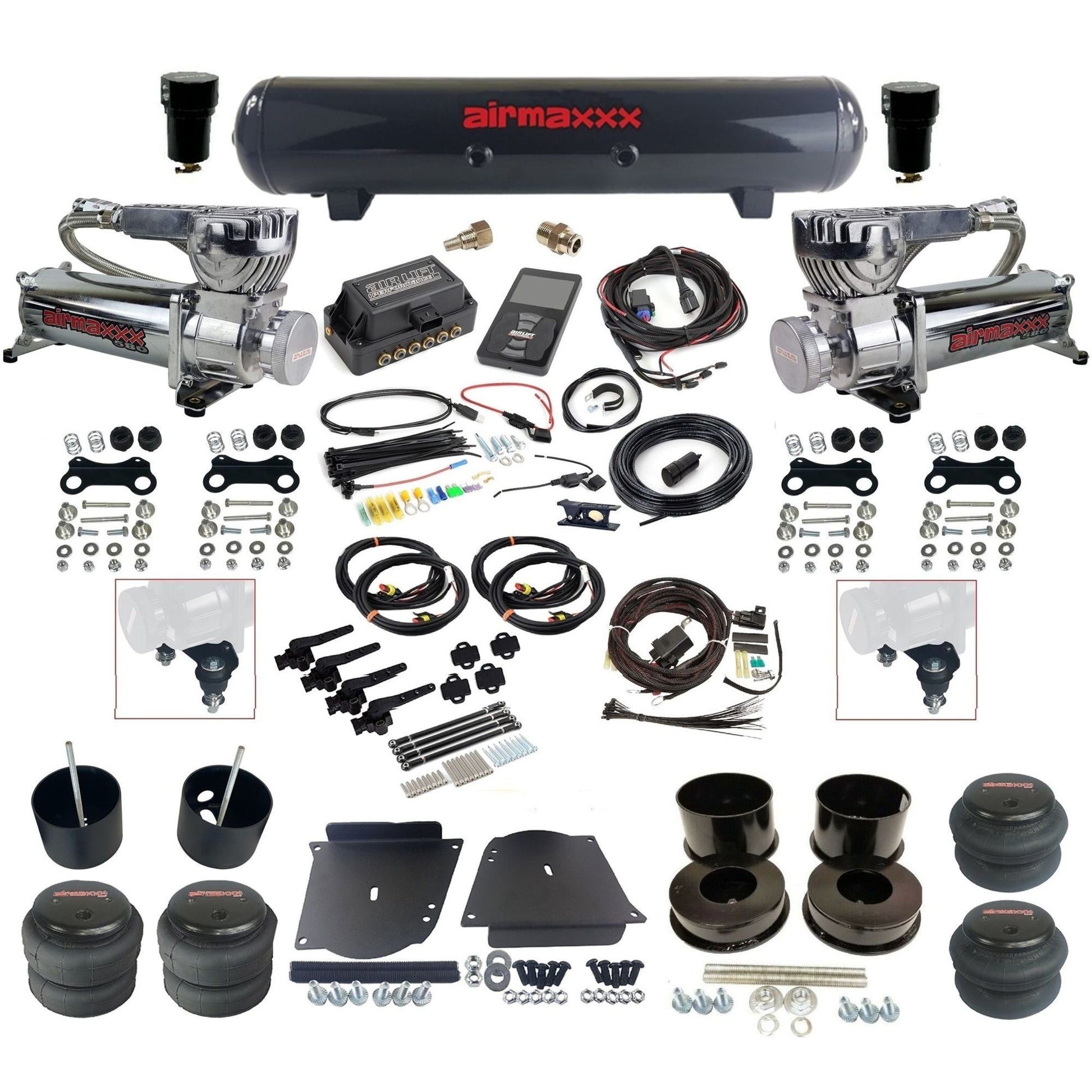 air lift 3h 27695 dual 580 chrome compressors steel tank bags & airmaxxx brackets air ride kit for 1964-72 gm a-body KABDY-580C2-57S-27695-WK-3P2