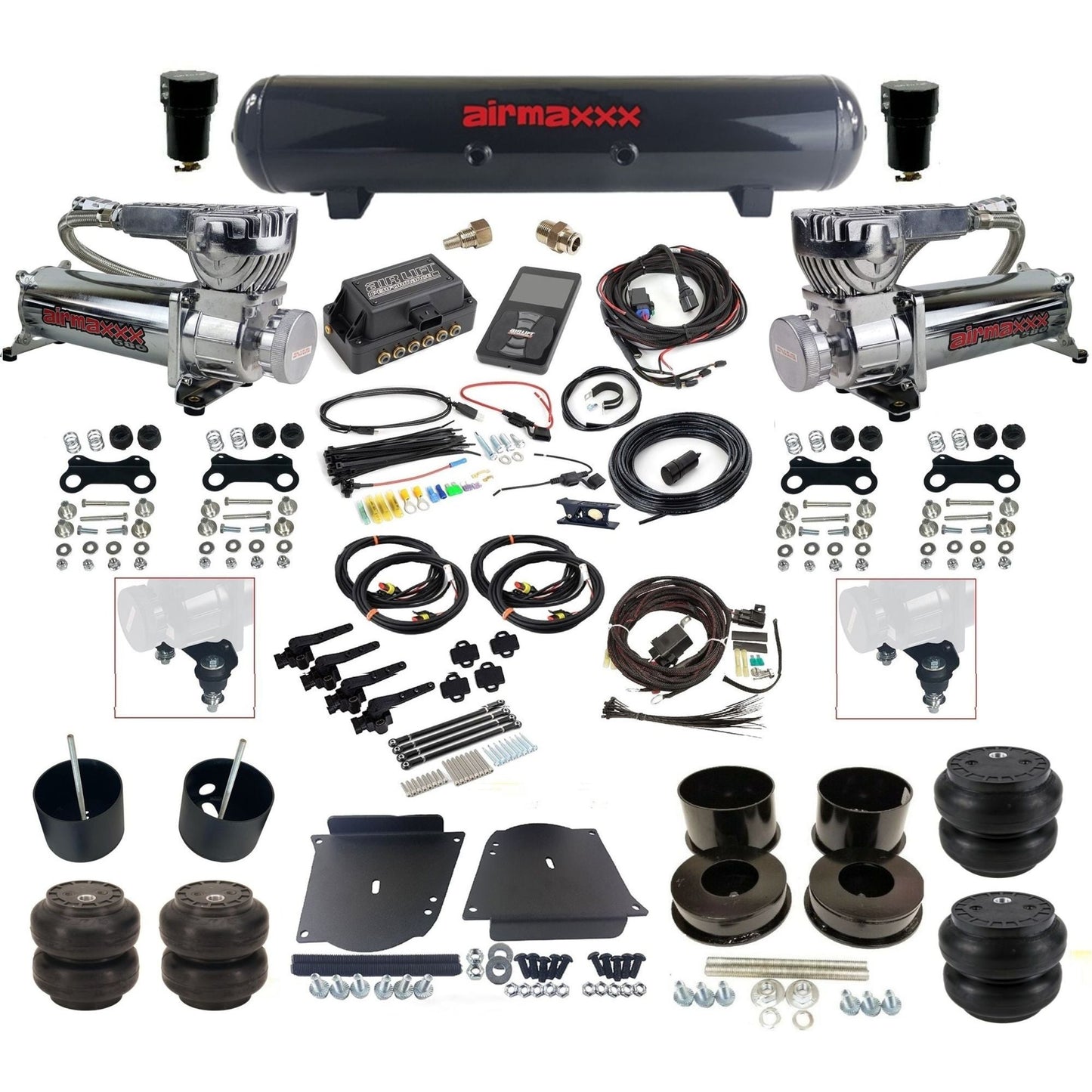 air lift 3h 27695 dual 580 chrome compressors steel tank slam bags & airmaxxx brackets air ride kit for 1964-72 gm a-body KABDY-580C2-57S-27695-WK-3P2SS6SS7