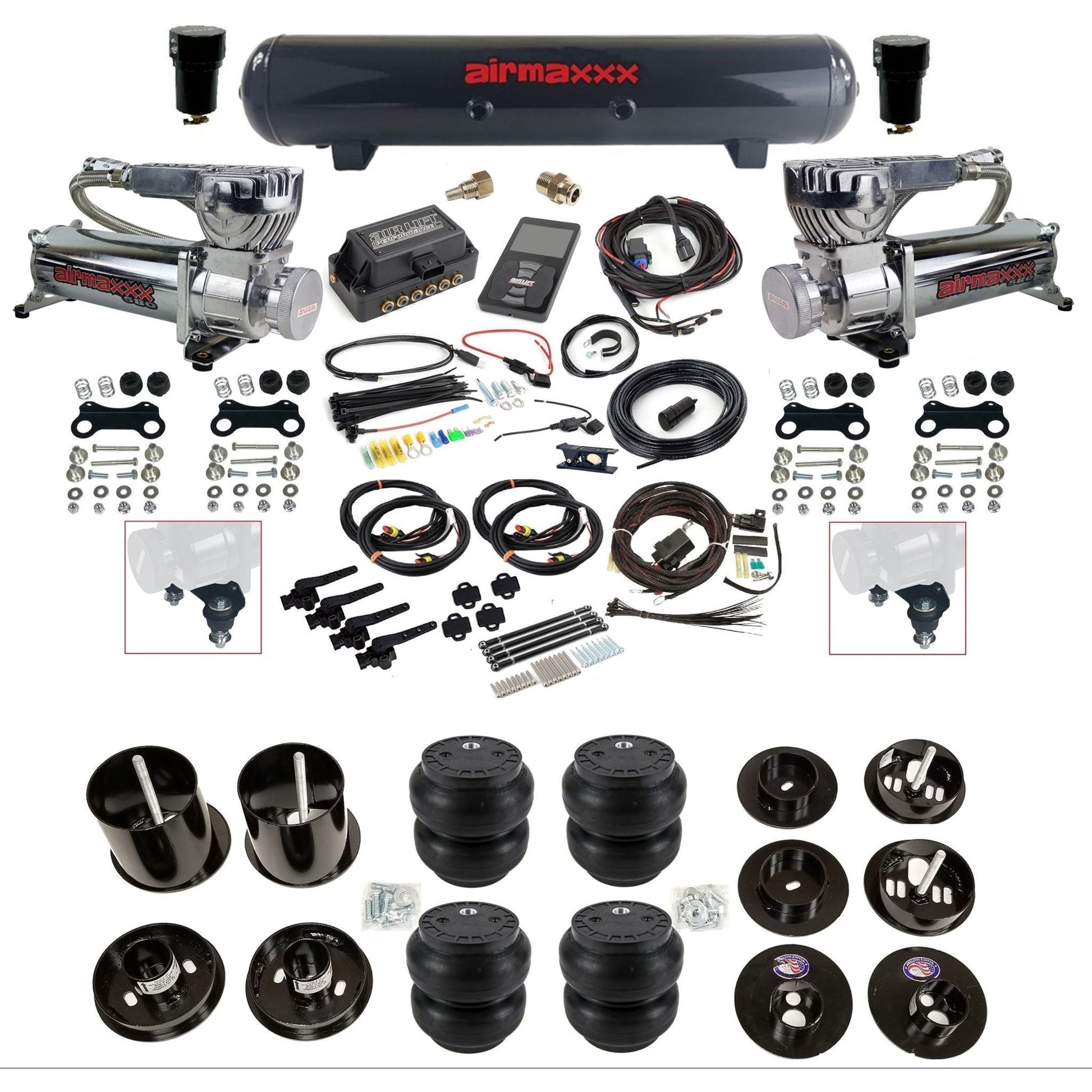 air lift 3h 27695 dual 580 chrome compressors steel tank slam bags & airmaxxx brackets air ride kit for 1965-70 cadillac KCAD65-580C2-57S-27695-WK-3P2SS7