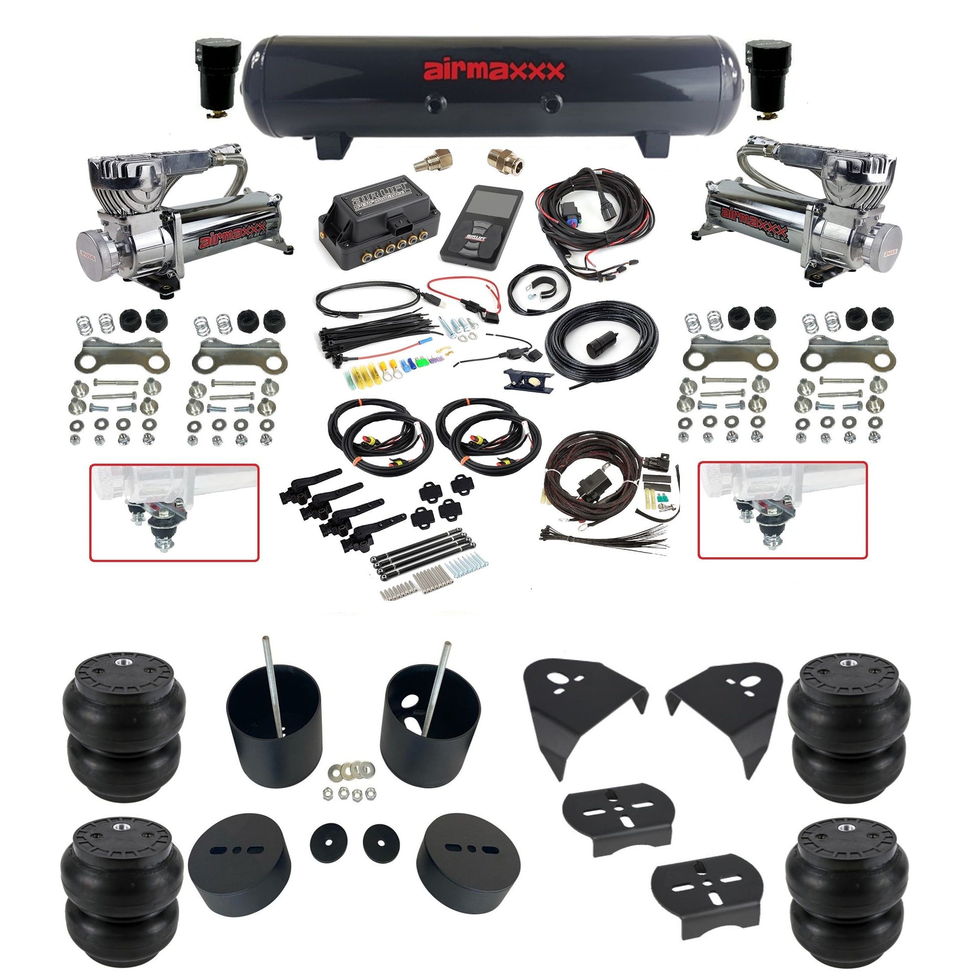 air lift 3h 27695 dual 580 chrome compressors steel tank slam bags & airmaxxx brackets air ride kit for 1999-06 silverado/sierra 1500 KGM99-580C2-57S-27695-WK-3P2SS7