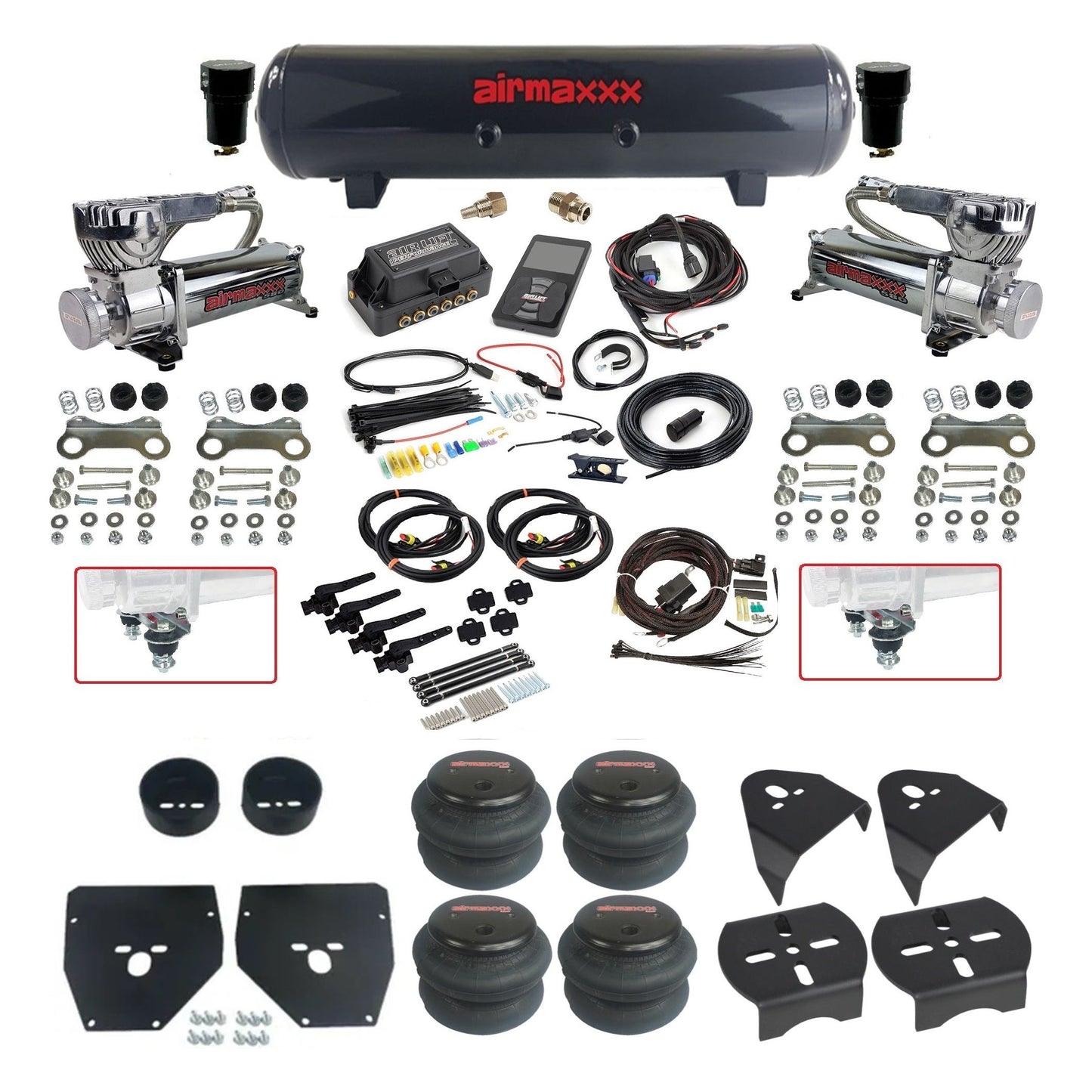 air lift 3h 27695 dual 580 chrome steel tank 2600 bags & airmaxxx brackets air ride kit for 1973-87 chevy c10 KC1073-580C2-57S-27695-WK-3P2