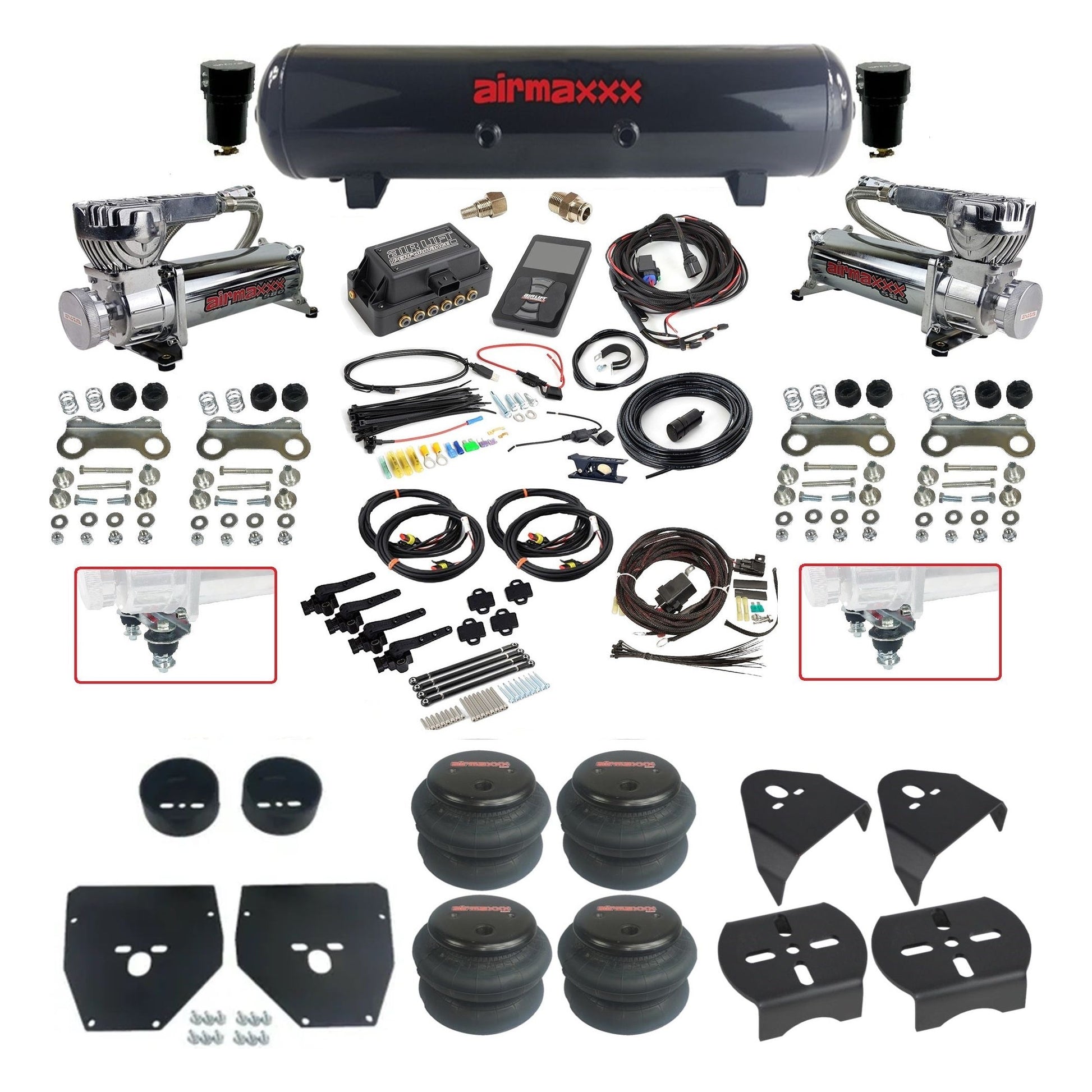 air lift 3h 27695 dual 580 chrome steel tank 2600 bags & airmaxxx brackets air ride kit for 1973-87 chevy c10 KC1073-580C2-57S-27695-WK-3P2