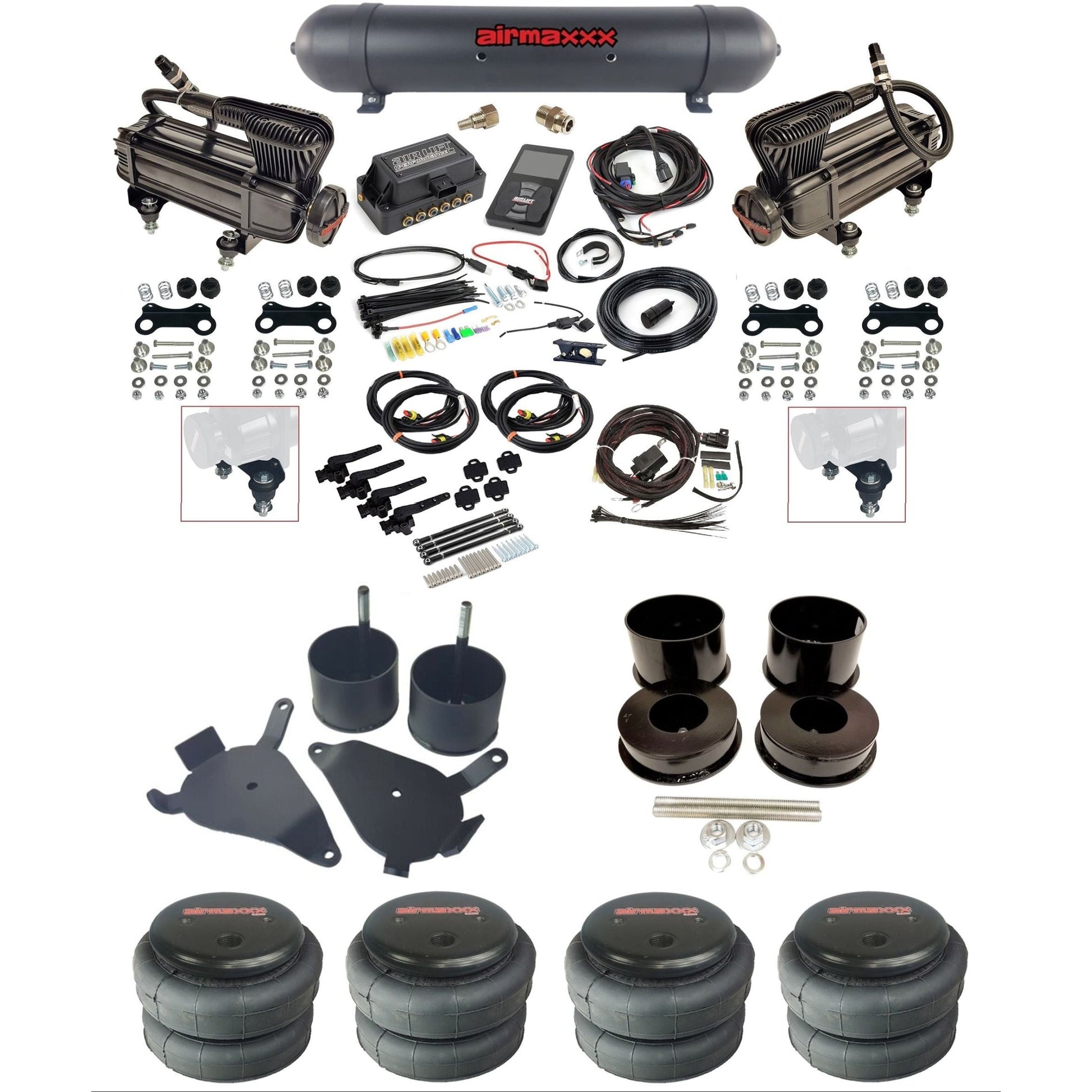 air lift 3h 27695 dual X-series compressors aluminum tank 2500 bags & airmaxxx brackets air ride kit for 1978-88 gm g-body K-GBODY-XB2-27695-57ABK-WK-3P2