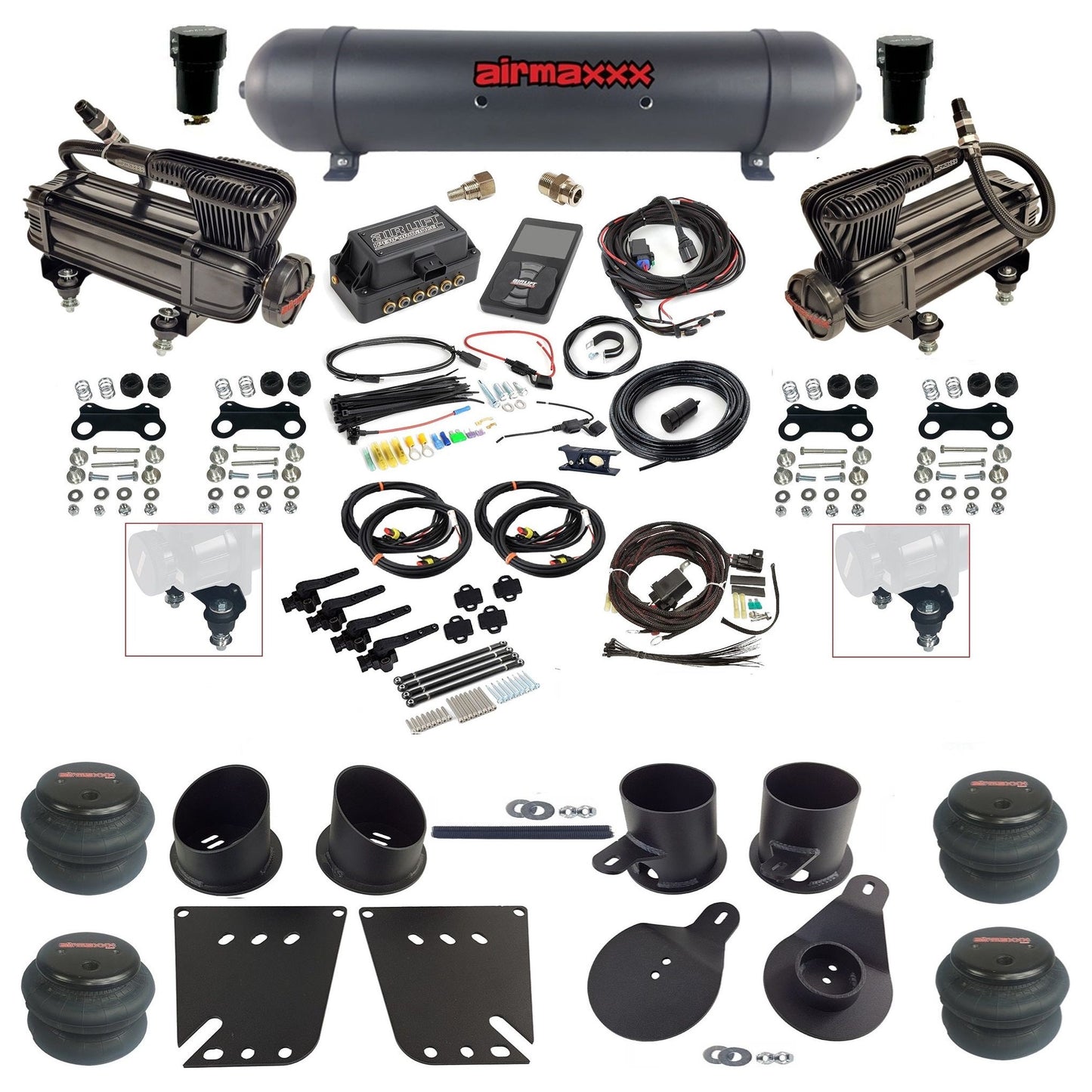 air lift 3h 27695 dual X-series  compressors aluminum tank 2600 bags & airmaxxx brackets air ride kit for 1958-64 chevy impala KIMP58-XB2-57ABK-27695-WK-3P