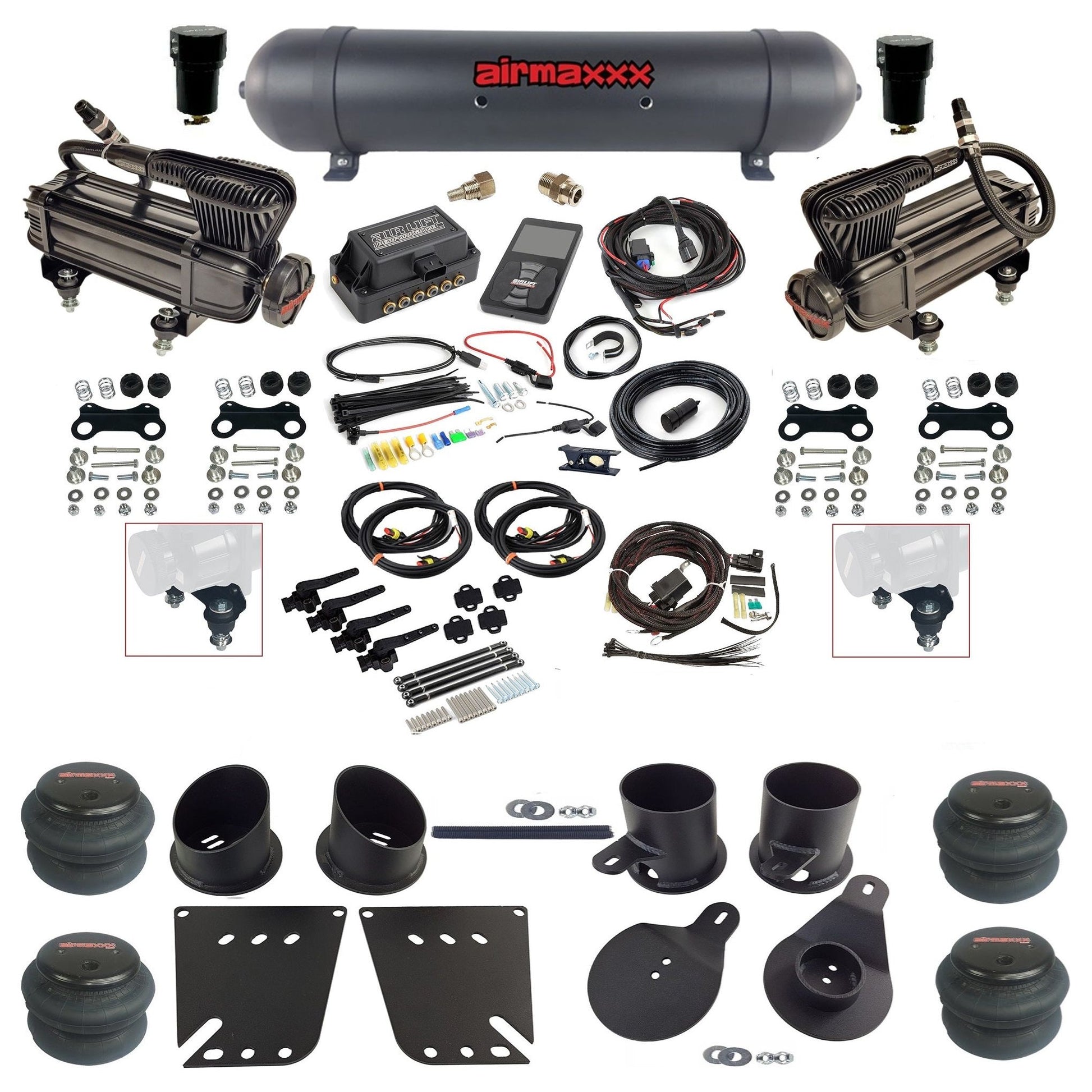 air lift 3h 27695 dual X-series  compressors aluminum tank 2600 bags & airmaxxx brackets air ride kit for 1958-64 chevy impala KIMP58-XB2-57ABK-27695-WK-3P