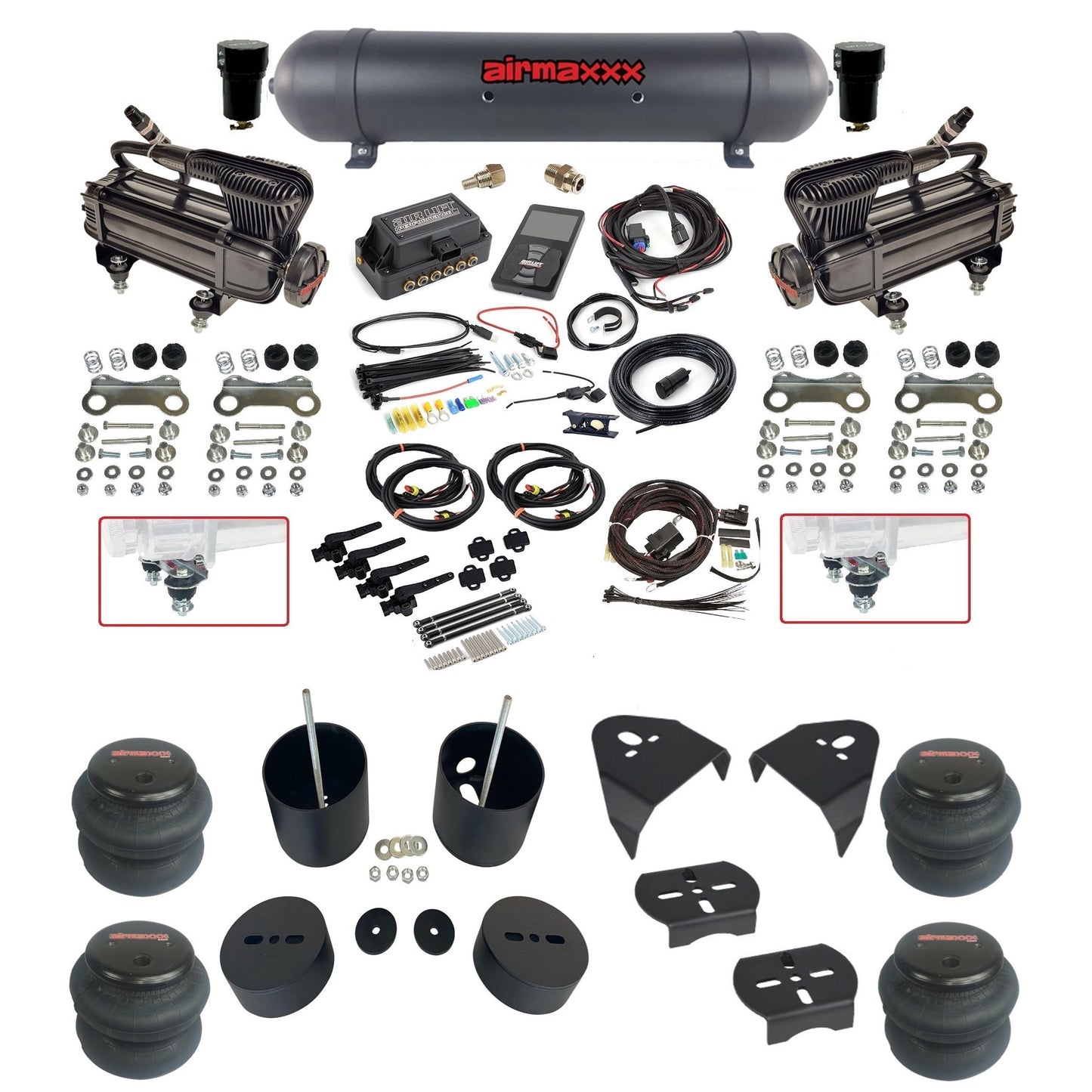 air lift 3h 27695 dual X-series compressors aluminum tank 2600 bags & airmaxxx brackets air ride kit for 1999-06 chevy silverado KGM99-XB2-57ABK-27695-WK-3P2