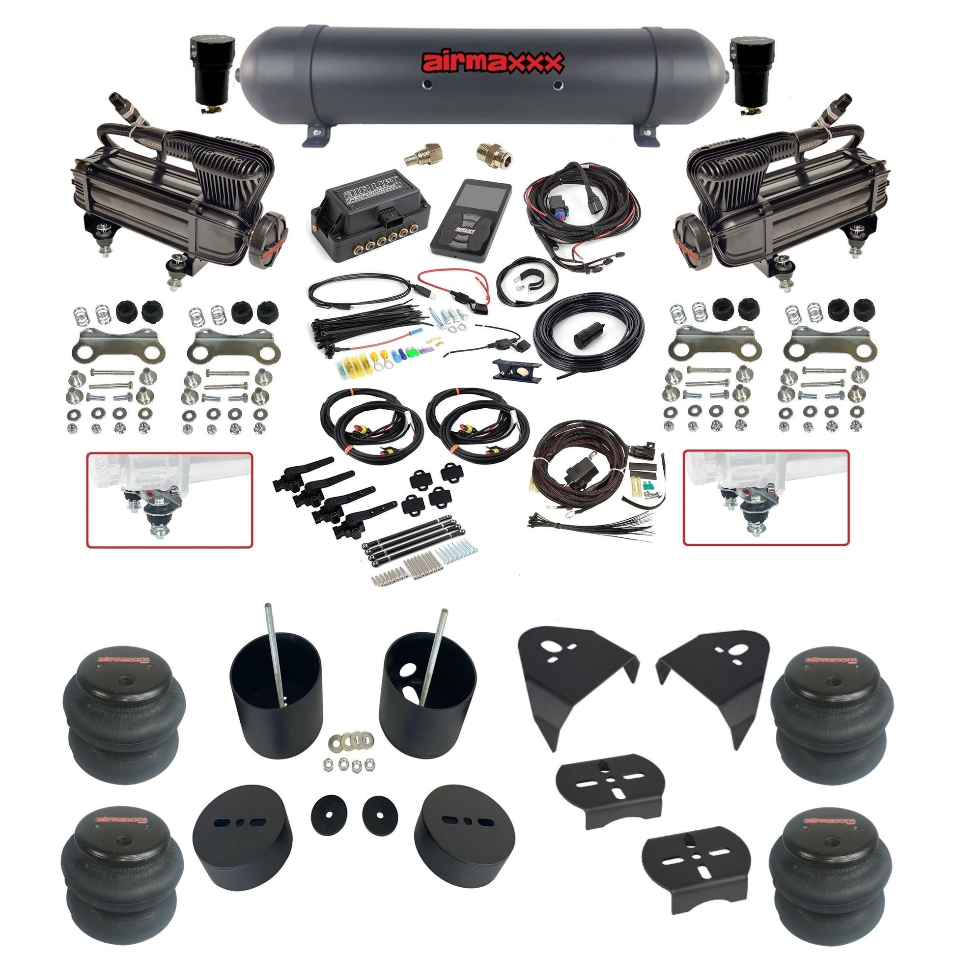 air lift 3h 27695 dual X-series compressors aluminum tank 2600 bags & airmaxxx brackets air ride kit for 1999-06 chevy silverado KGM99-XB2-57ABK-27695-WK-3P2