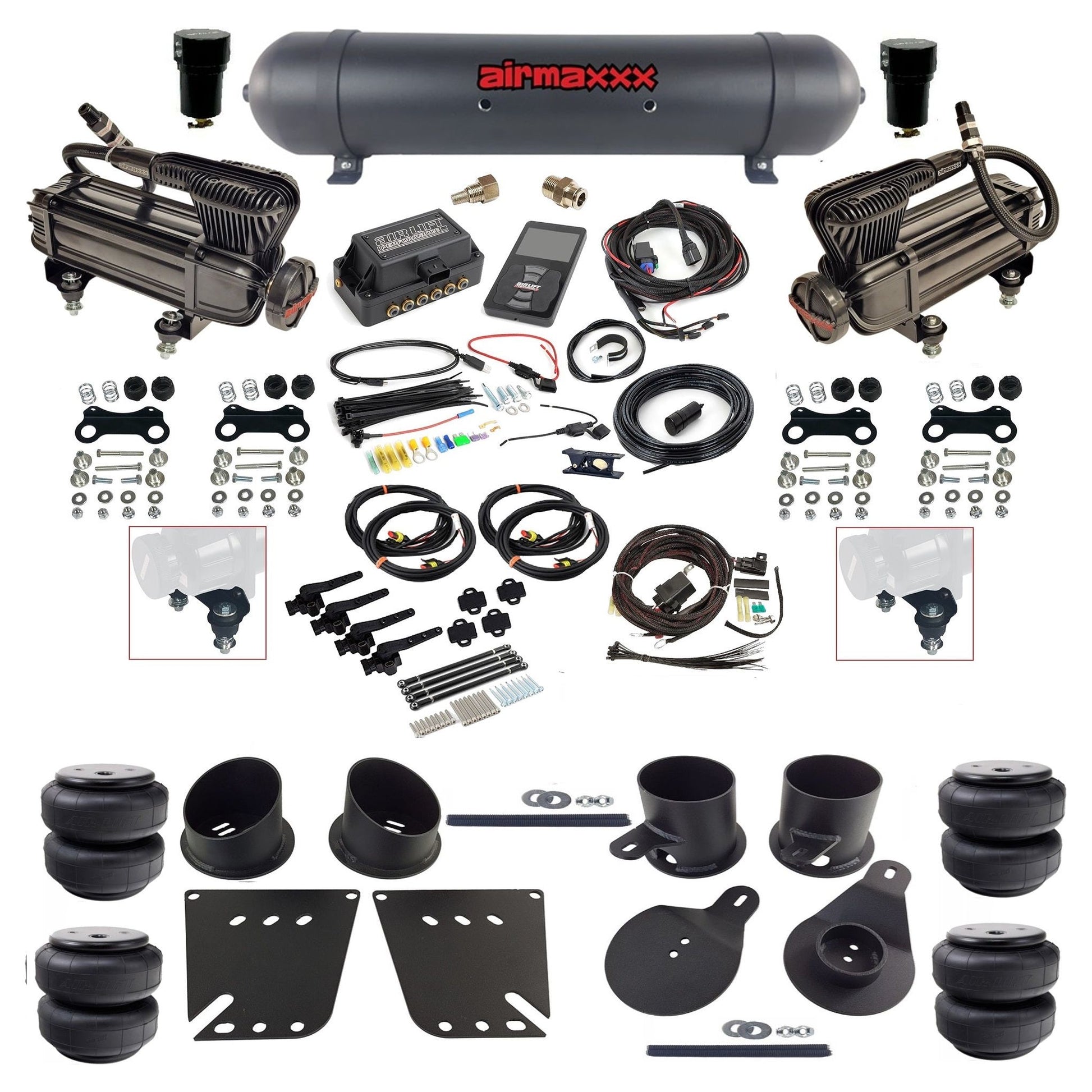 air lift 3h 27695 dual X-series  compressors aluminum tank airlift bags & airmaxxx brackets air ride kit for 1958-64 chevy impala KIMP58-XB2-57ABK-27695-WK-3P2D25