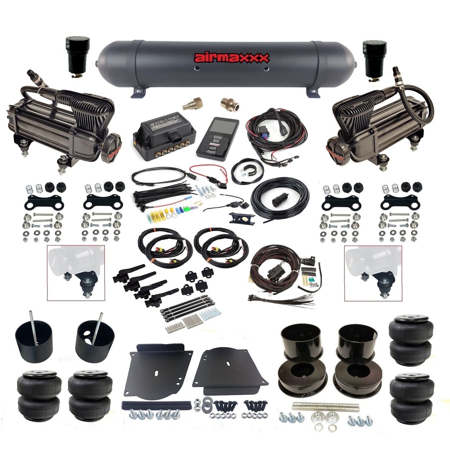 air lift 3h 27695 dual X-series compressors aluminum tank airlift bags & airmaxxx brackets air ride kit for 1964-72 gm a-body KABDY-XB2-57ABK-27695-WK-3P2D25