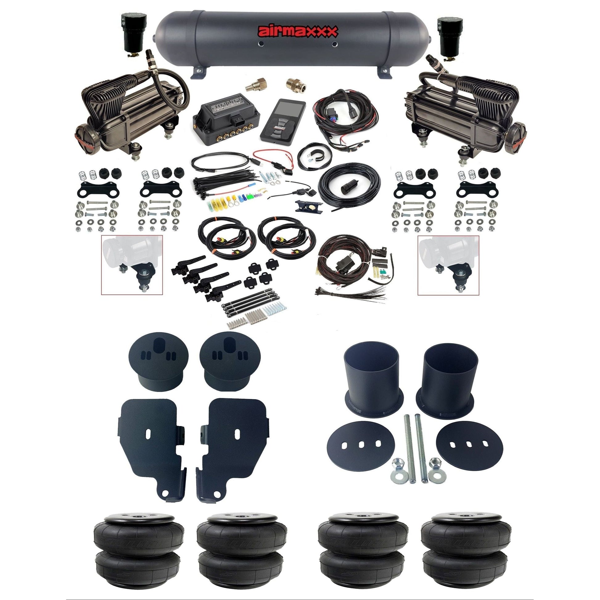 air lift 3h 27695 dual X-series  compressors aluminum tank airlift bags & airmaxxx brackets air ride kit for 1965-70 chevy impala KIMP65-XB2-57ABK-27695-WK-3P2D25