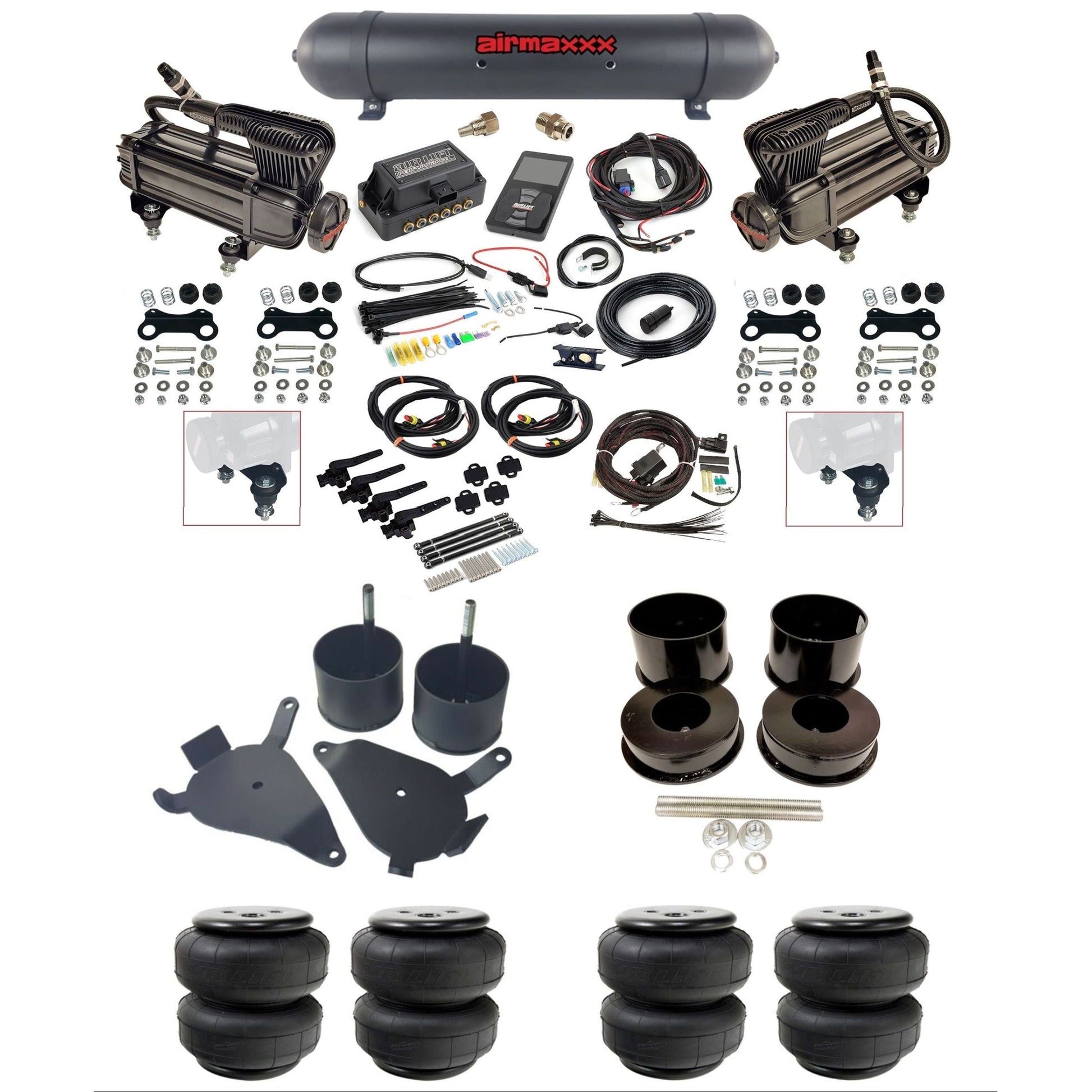 air lift 3h 27695 dual X-series compressors aluminum tank airlift bags & airmaxxx brackets air ride kit for 1978-88 gm g-body K-GBODY-XB2-27695-57ABK-WK-3P2D25