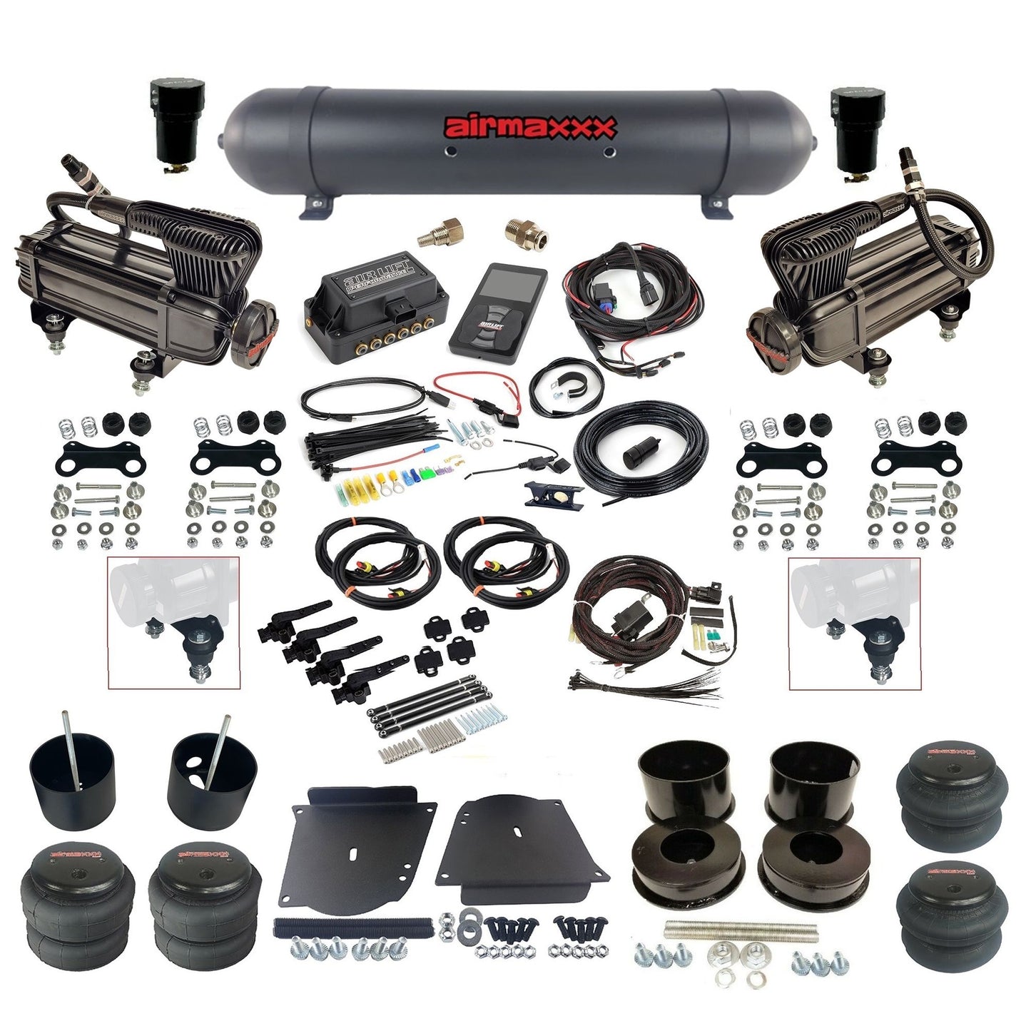 air lift 3h 27695 dual X-series compressors aluminum tank bags & airmaxxx brackets air ride kit for 1964-72 gm a-body KABDY-XB2-57ABK-27695-WK-3P2