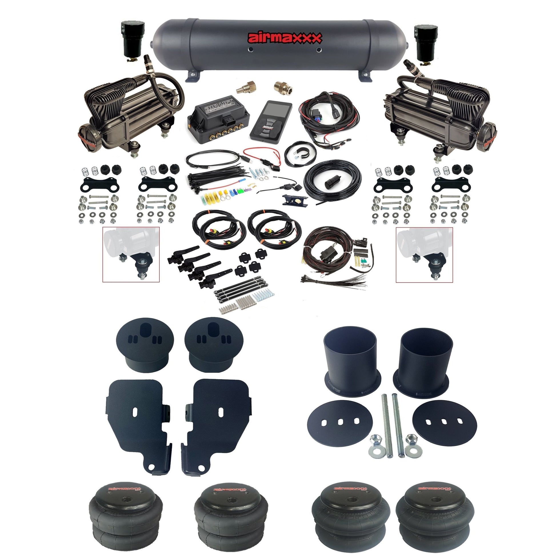 air lift 3h 27695 dual X-series  compressors aluminum tank bags & airmaxxx brackets air ride kit for 1965-70 chevy impala KIMP65-XB2-57ABK-27695-WK-3P2