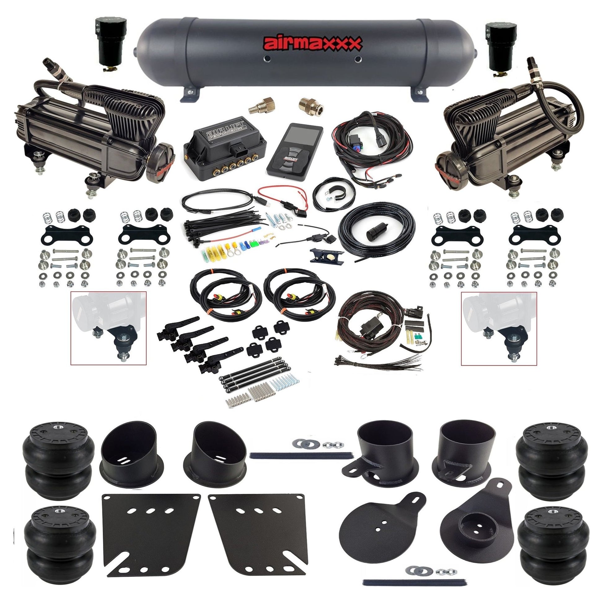 air lift 3h 27695 dual X-series  compressors aluminum tank slam bags & airmaxxx brackets air ride kit for 1958-64 chevy impala KIMP58-XB2-57ABK-27695-WK-3P2SS7