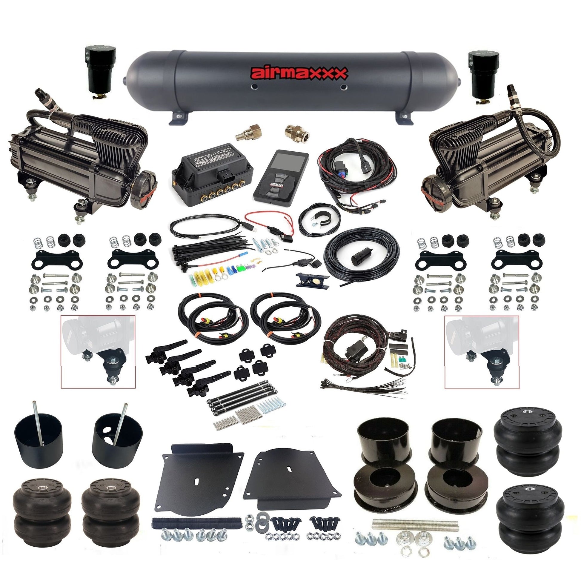 air lift 3h 27695 dual X-series compressors aluminum tank slam bags & airmaxxx brackets air ride kit for 1964-72 gm a-body KABDY-XB2-57ABK-27695-WK-3P2SS6SS7