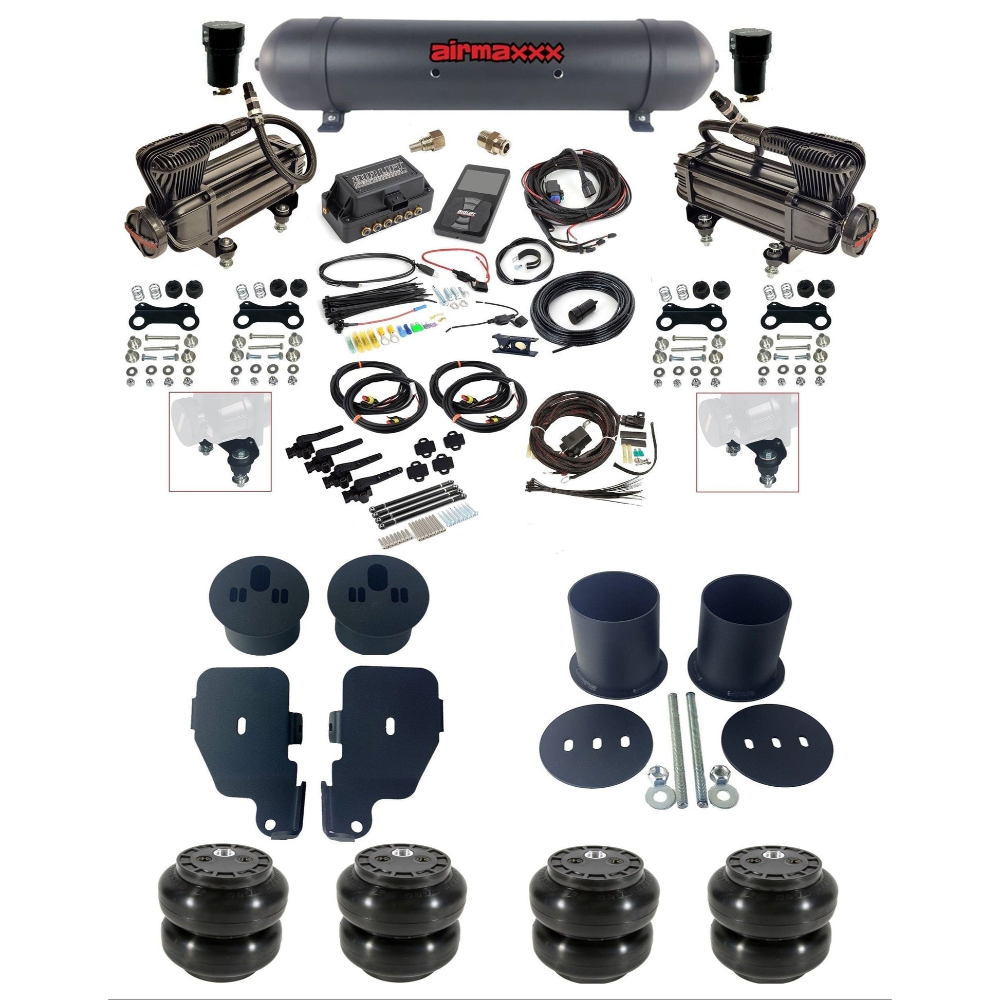 air lift 3h 27695 dual X-series  compressors aluminum tank slam bags & airmaxxx brackets air ride kit for 1965-70 chevy impala KIMP65-XB2-57ABK-27695-WK-3P2SS6