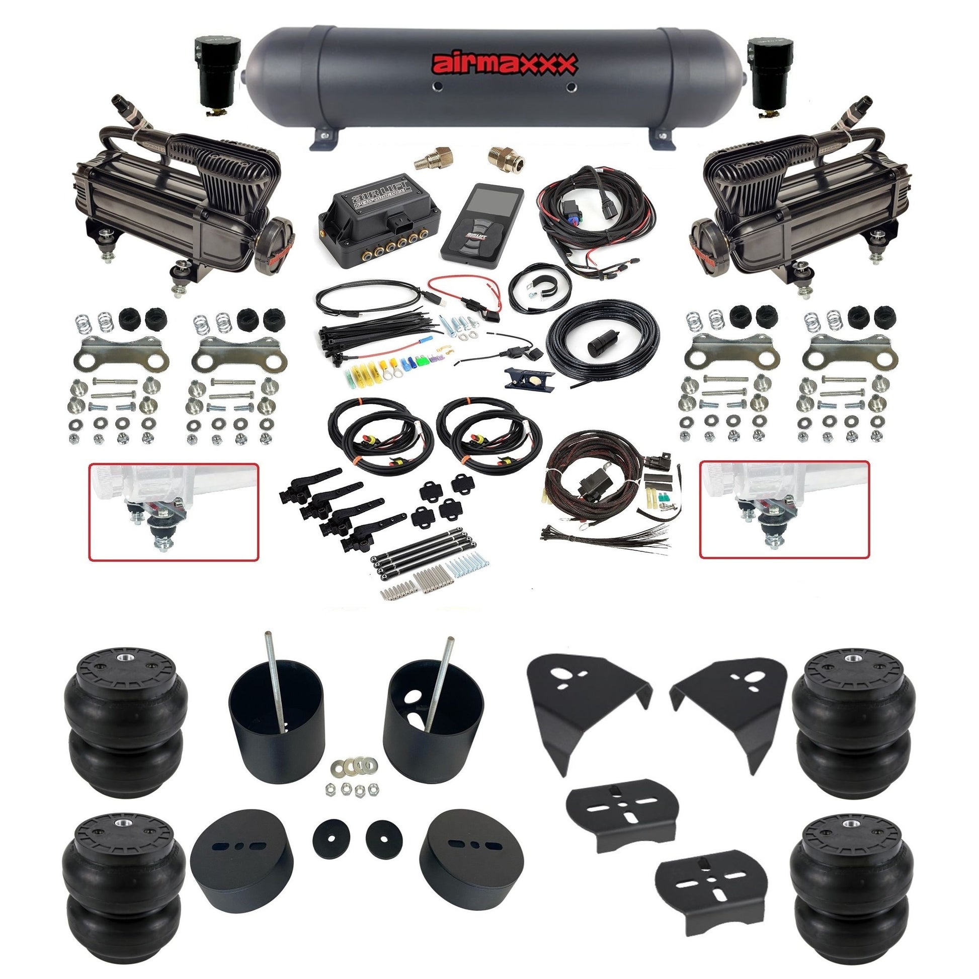 air lift 3h 27695 dual X-series compressors aluminum tank slam bags & airmaxxx brackets air ride kit for 1999-06 chevy silverado KGM99-XB2-57ABK-27695-WK-3P2SS7