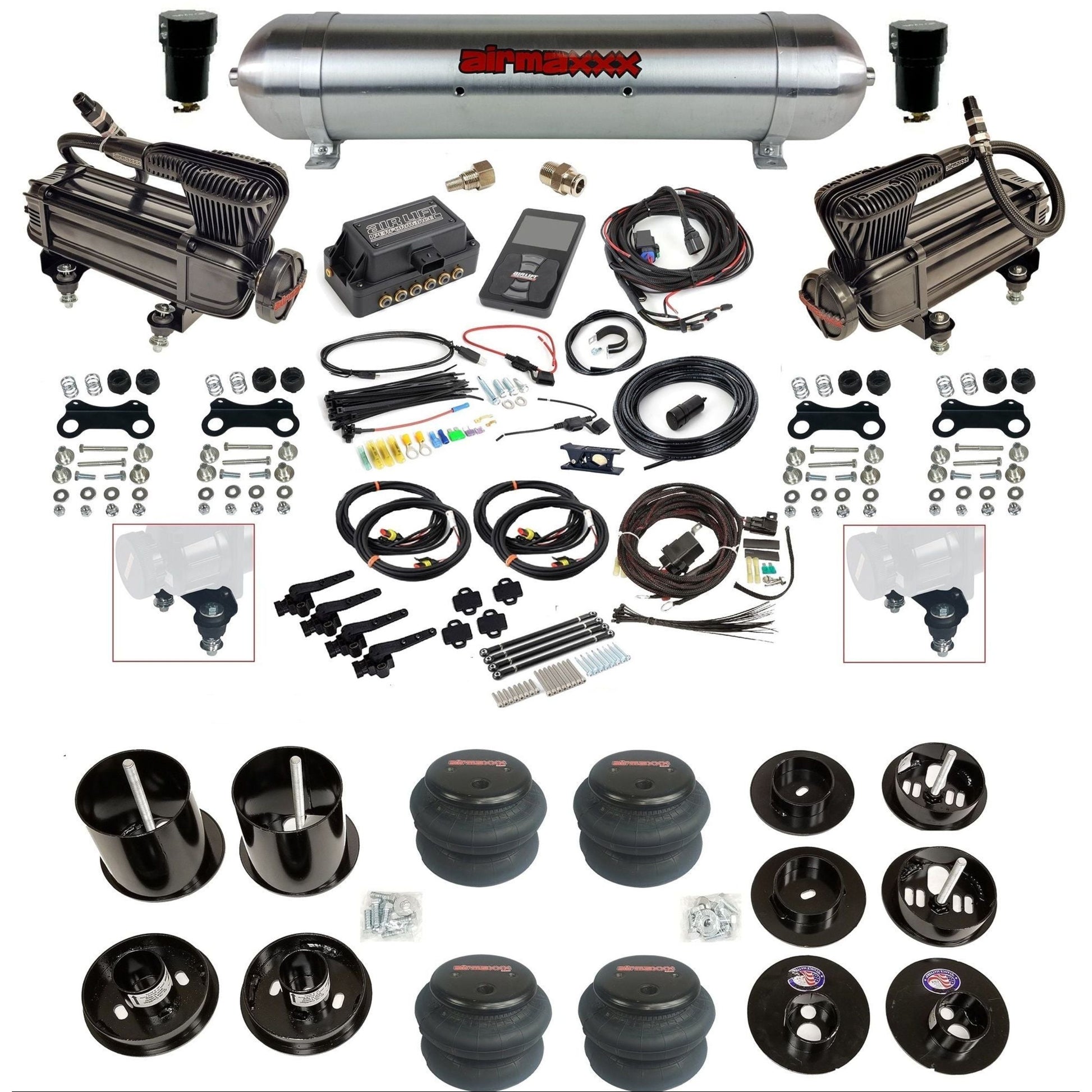 air lift 3h 27695 dual X-series compressors raw aluminum tank 2600 bags & airmaxxx brackets air ride kit for 1965-70 cadillac KCAD65-XB2-57ARW-27695-WK-3P2