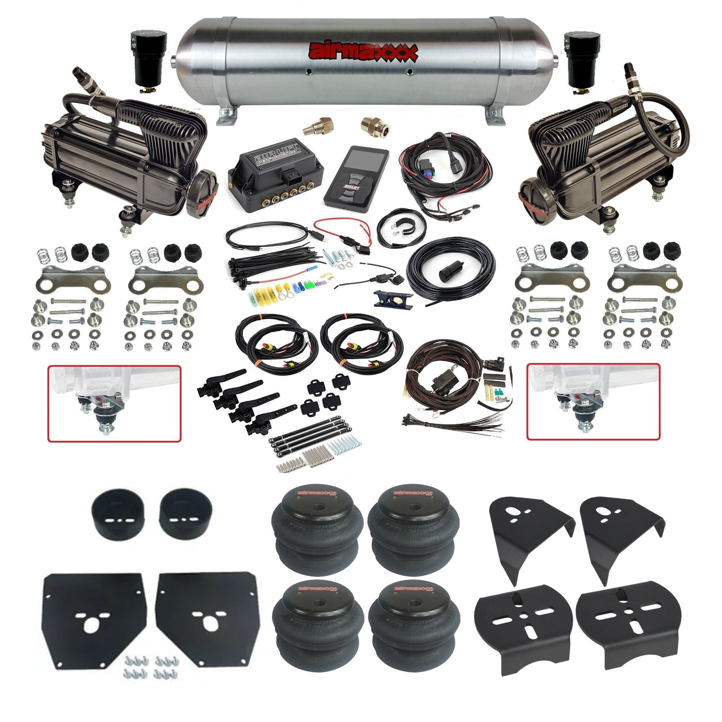 air lift 3h 27695 dual X-series compressors raw aluminum tank 2600 bags & airmaxxx brackets air ride kit for 1973-87 chevy c10 KC1073-XB2-57ARW-27695-WK-3P2