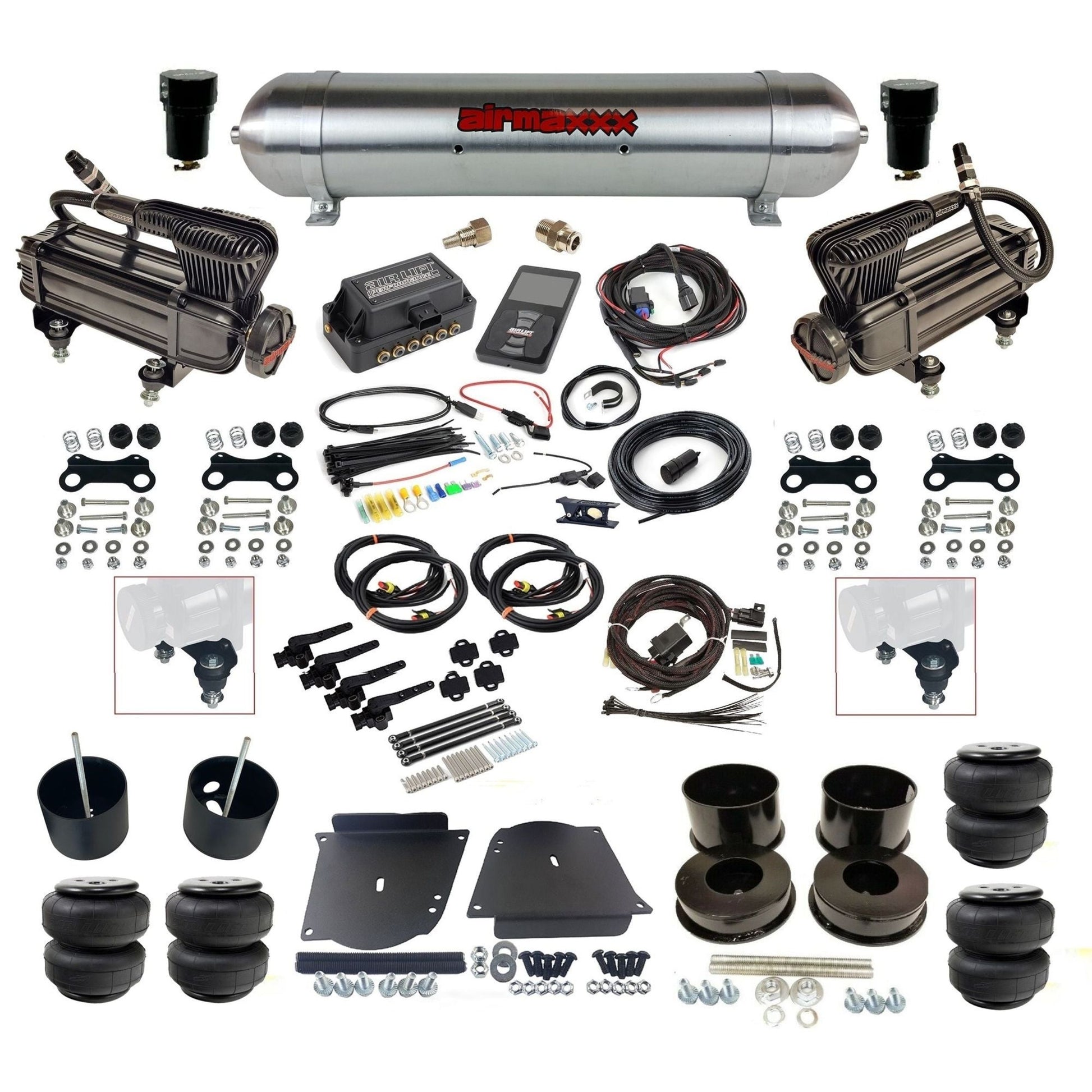 air lift 3h 27695 dual X-series compressors raw aluminum tank airlift bags & airmaxxx brackets air ride kit fits 1964-72 gm a-body KABDY-XB2-57ARW-27695-WK-3P2D25