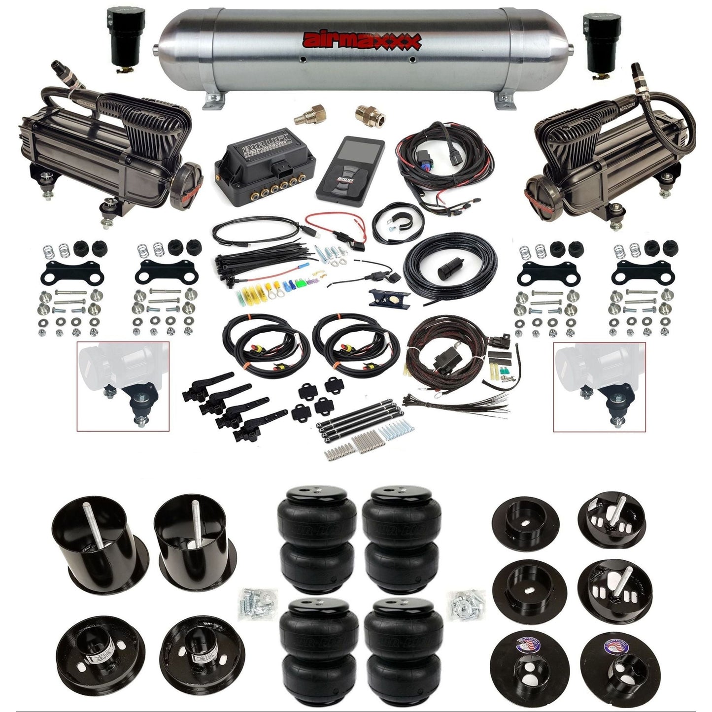 air lift 3h 27695 dual X-series compressors raw aluminum tank airlift bags & airmaxxx brackets air ride kit for 1965-70 cadillac KCAD65-XB2-57ARW-27695-WK-3P2D25