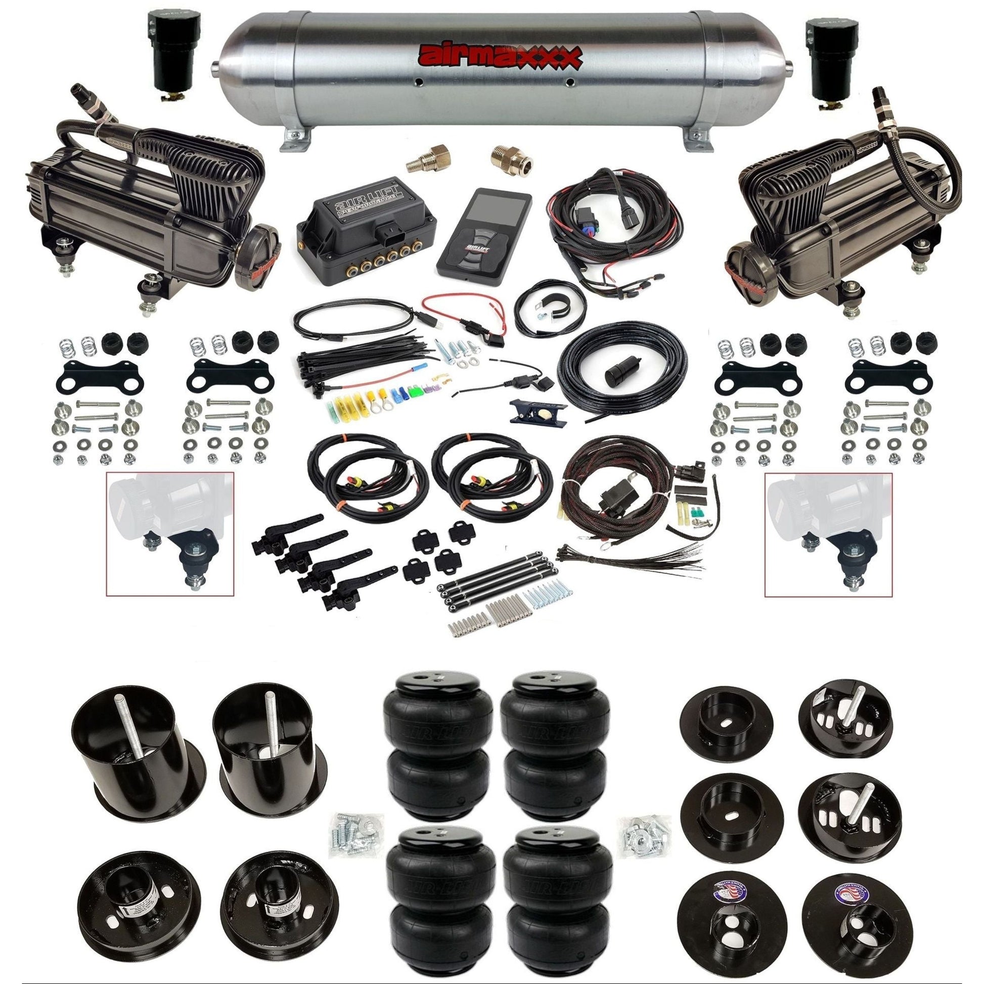 air lift 3h 27695 dual X-series compressors raw aluminum tank airlift bags & airmaxxx brackets air ride kit for 1965-70 cadillac KCAD65-XB2-57ARW-27695-WK-3P2D25