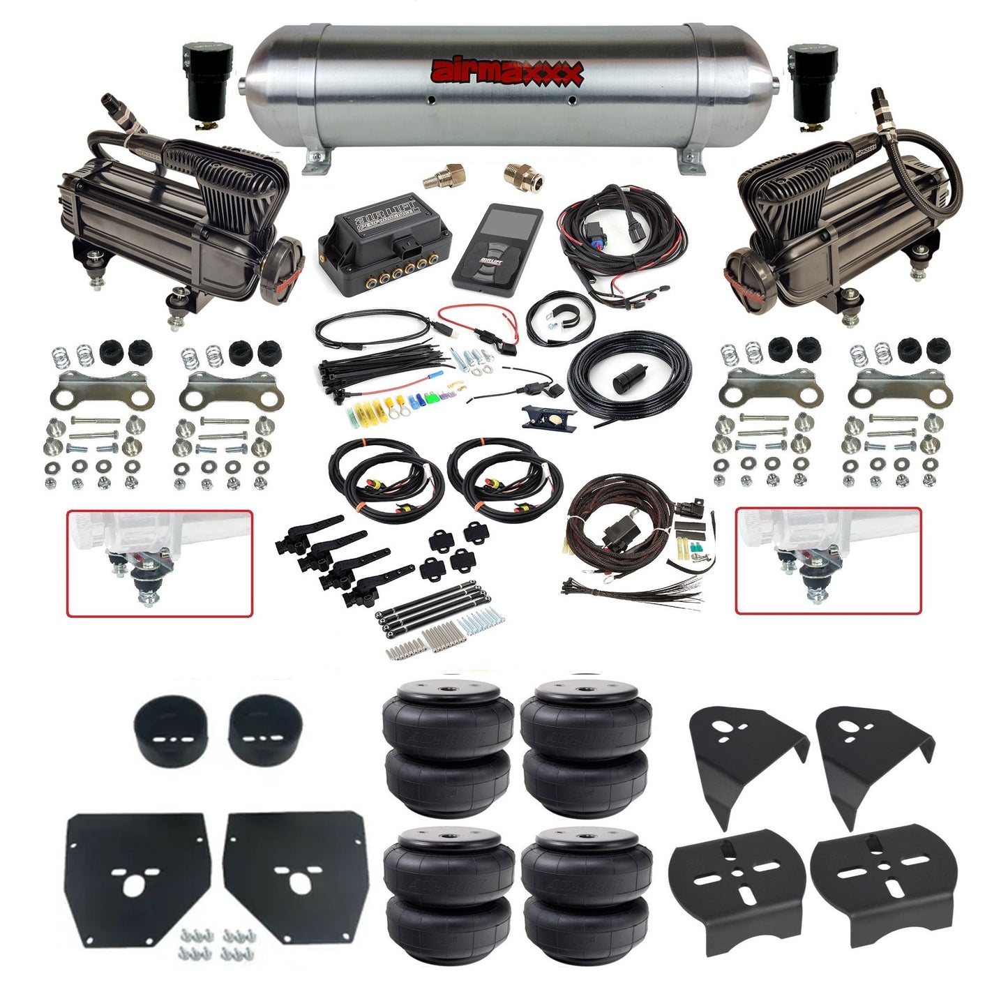 air lift 3h 27695 dual X-series compressors raw aluminum tank airlift bags & airmaxxx brackets air ride kit for 1973-87 chevy c10 KC1073-XB2-57ARW-27695-WK-3P2D26