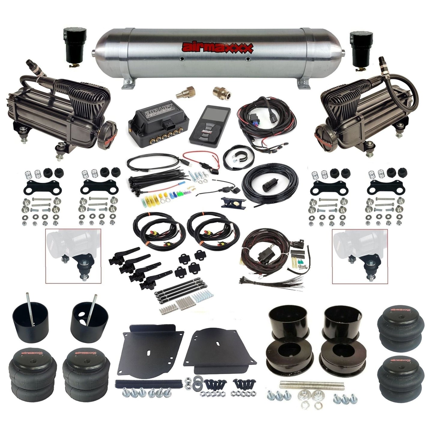 air lift 3h 27695 dual X-series compressors raw aluminum tank bags & airmaxxx brackets air ride kit fits 1964-72 gm a-body KABDY-XB2-57ARW-27695-WK-3P2