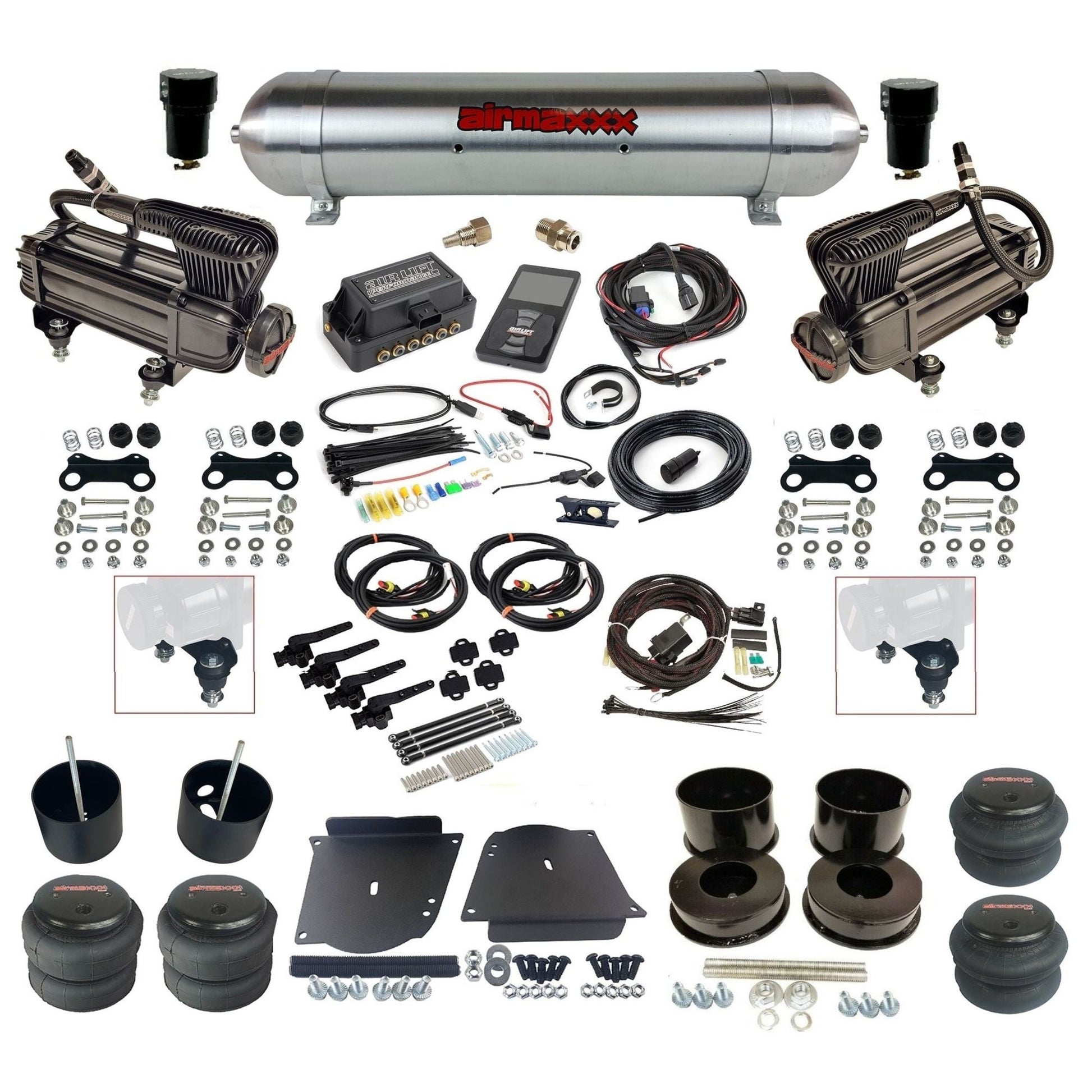 air lift 3h 27695 dual X-series compressors raw aluminum tank bags & airmaxxx brackets air ride kit fits 1964-72 gm a-body KABDY-XB2-57ARW-27695-WK-3P2