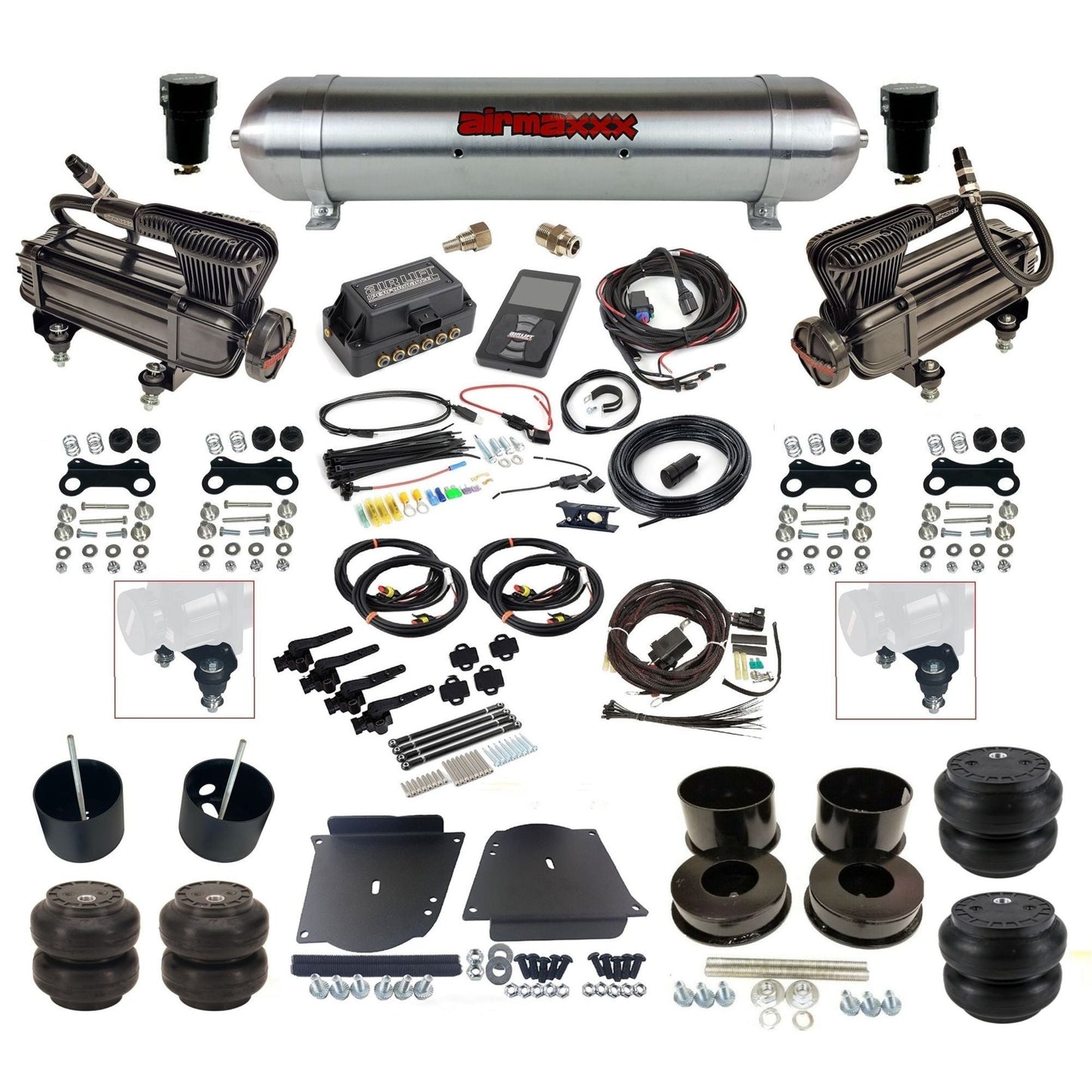 air lift 3h 27695 dual X-series compressors raw aluminum tank slam bags & airmaxxx brackets air ride kit fits 1964-72 gm a-body KABDY-XB2-57ARW-27695-WK-3P2SS6SS7