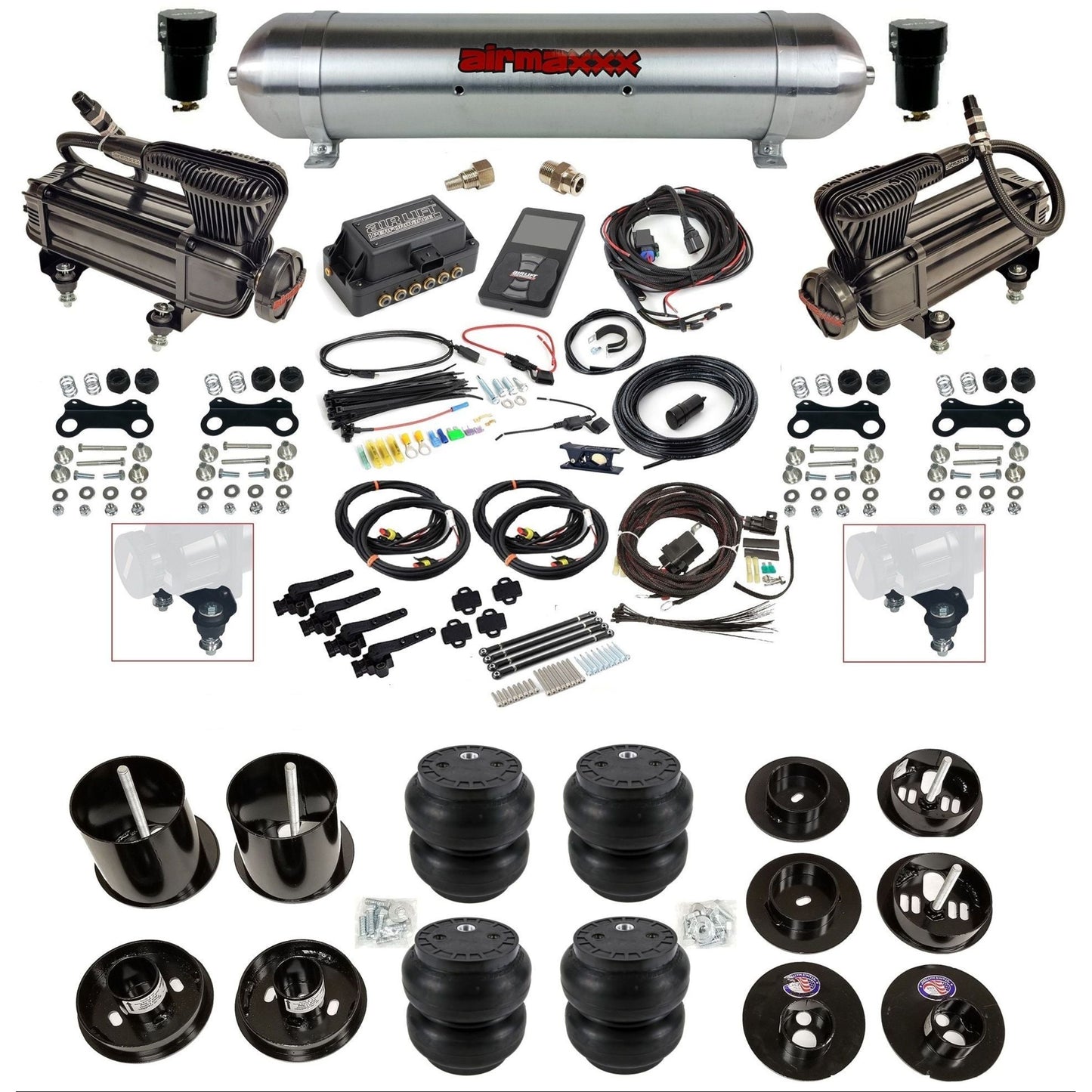 air lift 3h 27695 dual X-series compressors raw aluminum tank slam bags & airmaxxx brackets air ride kit for 1965-70 cadillac KCAD65-XB2-57ARW-27695-WK-3P2SS7