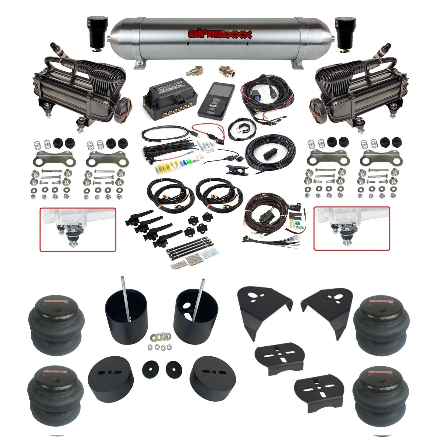 air lift 3h 27695 dual X-series compressors spun aluminum tank 2600 bags & airmaxxx brackets air ride kit for 1999-06 silverado/sierra 1500 KGM99-XB2-57ARW-27695-WK-3P2