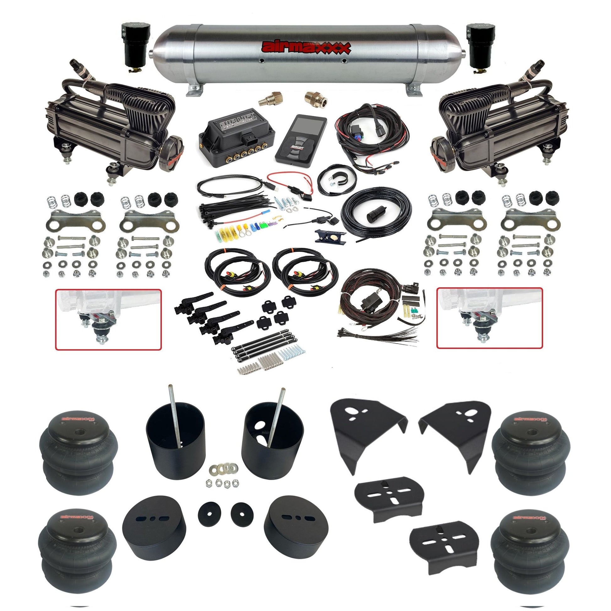 air lift 3h 27695 dual X-series compressors spun aluminum tank 2600 bags & airmaxxx brackets air ride kit for 1999-06 silverado/sierra 1500 KGM99-XB2-57ARW-27695-WK-3P2