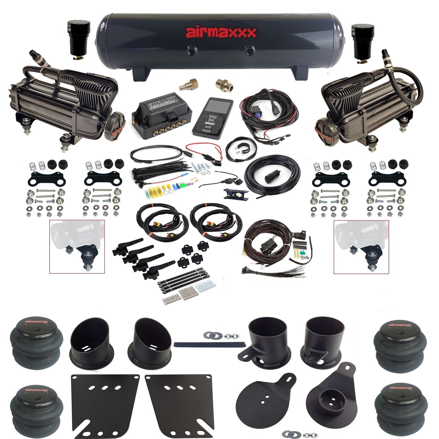 air lift 3h 27695 dual X-series  compressors steel tank 2600 bags & airmaxxx brackets air ride kit for 1958-64 chevy impala KIMP58-XB2-57S-27695-WK-3P2